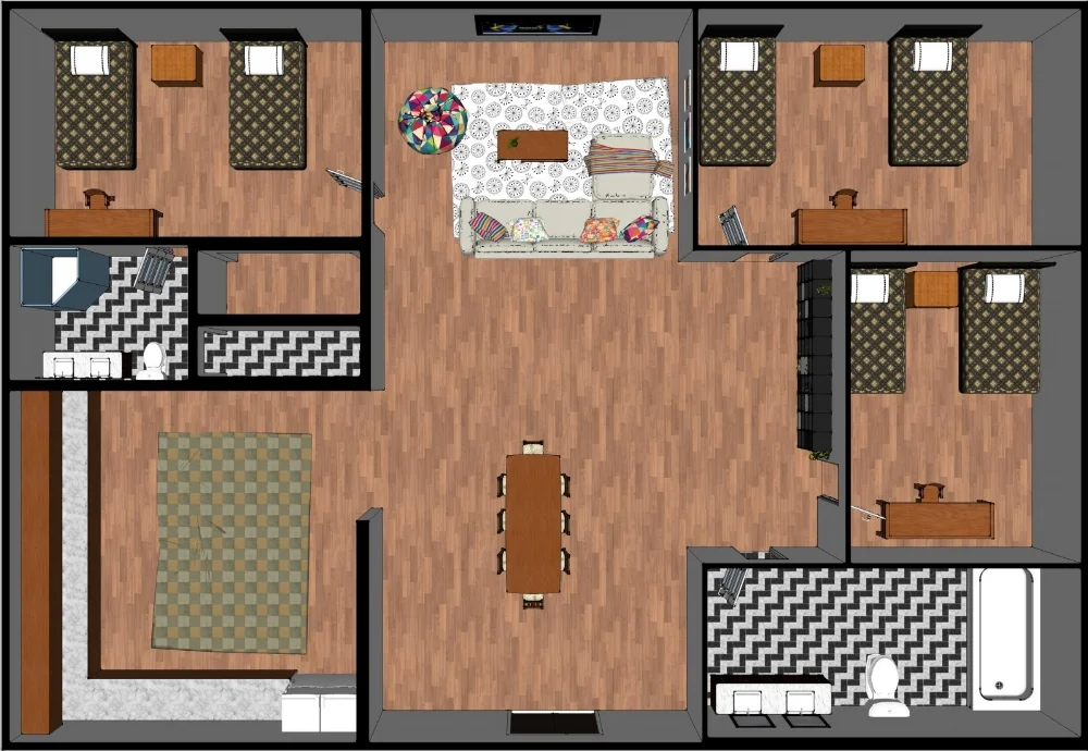 **Please note this is a generic sample floor plan to illustrate the number of beds per apartment and how applicants will share the apartment. this is not intended to illustrate any specific apartment. individual apartments will have a different floor plan.