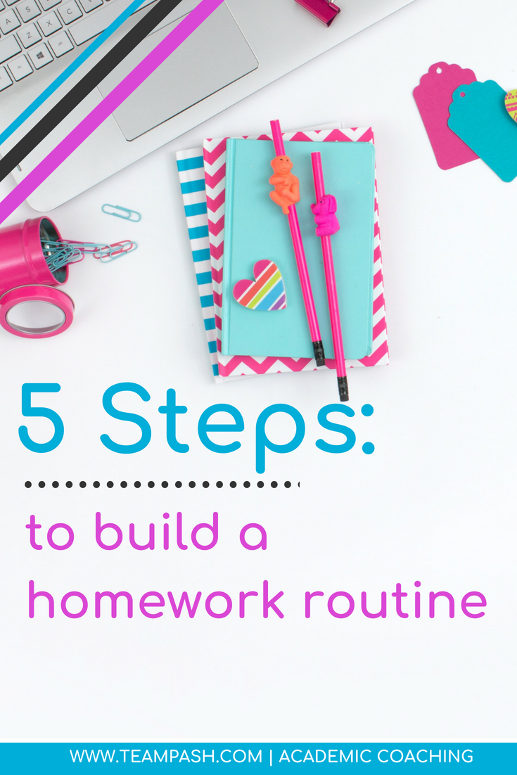 Homework time can make or break or your quality time with your child. Whether your child is in 1st grade or 12th grade if you have homework frustrations you might just be ready to throw in the towel. How do we build the best homework routine for our kiddo? Here are 5 easy steps! #homework #studying Marni Pasch Academic Coach Team Pasch Academic Caoching www.teampasch.com