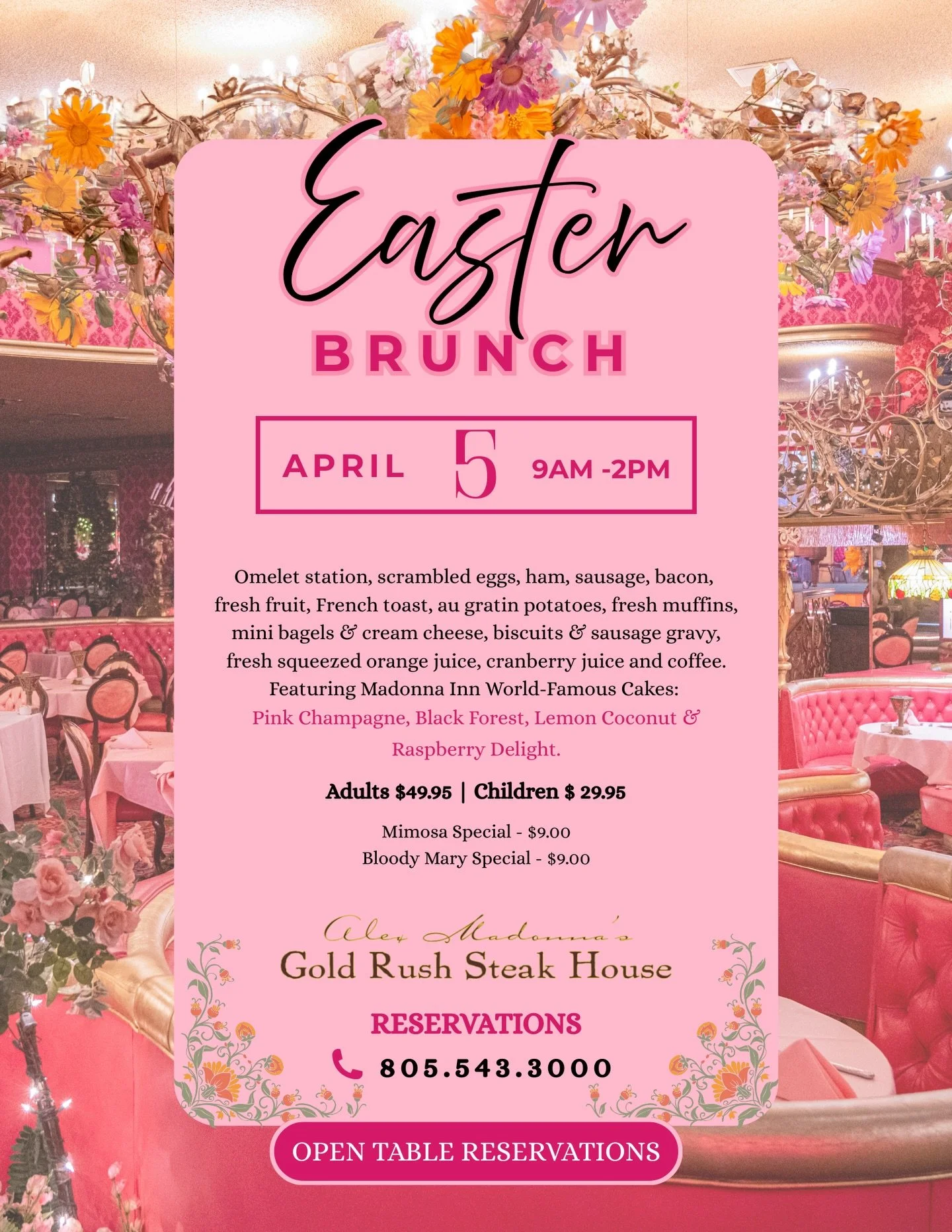 Make you reservation for Easter brunch!! Call or book with open table! 

https://www.madonnainn.com/goldrush-steakhouse