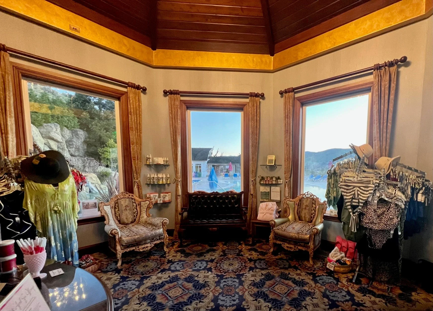 madonna inn spa with bathing suits, swim coverups, skin products for sale