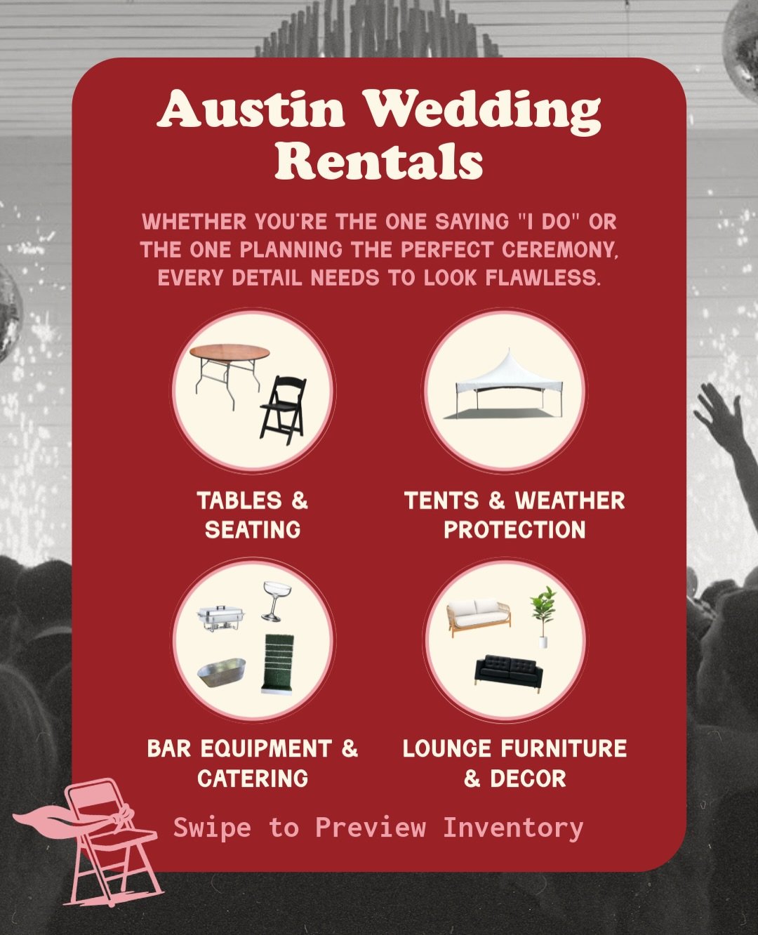 When it&rsquo;s time for the aisle, show up in style! 💍Miscellaneous is the perfect event rental company to have by your side on the big day. With flexible order changes up to three days out, on time delivery and a dependable set up crew, take the s