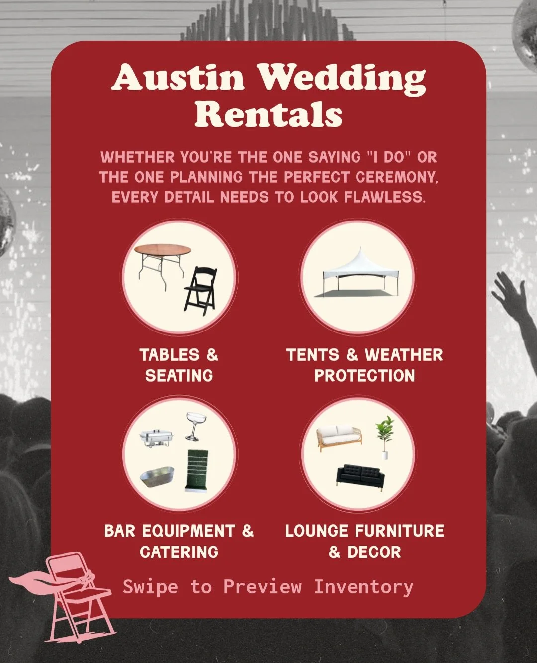 When it&rsquo;s time for the aisle, show up in style! 💍Miscellaneous is the perfect event rental company to have by your side on the big day. With flexible order changes up to three days out, on time delivery and a dependable set up crew, take the s