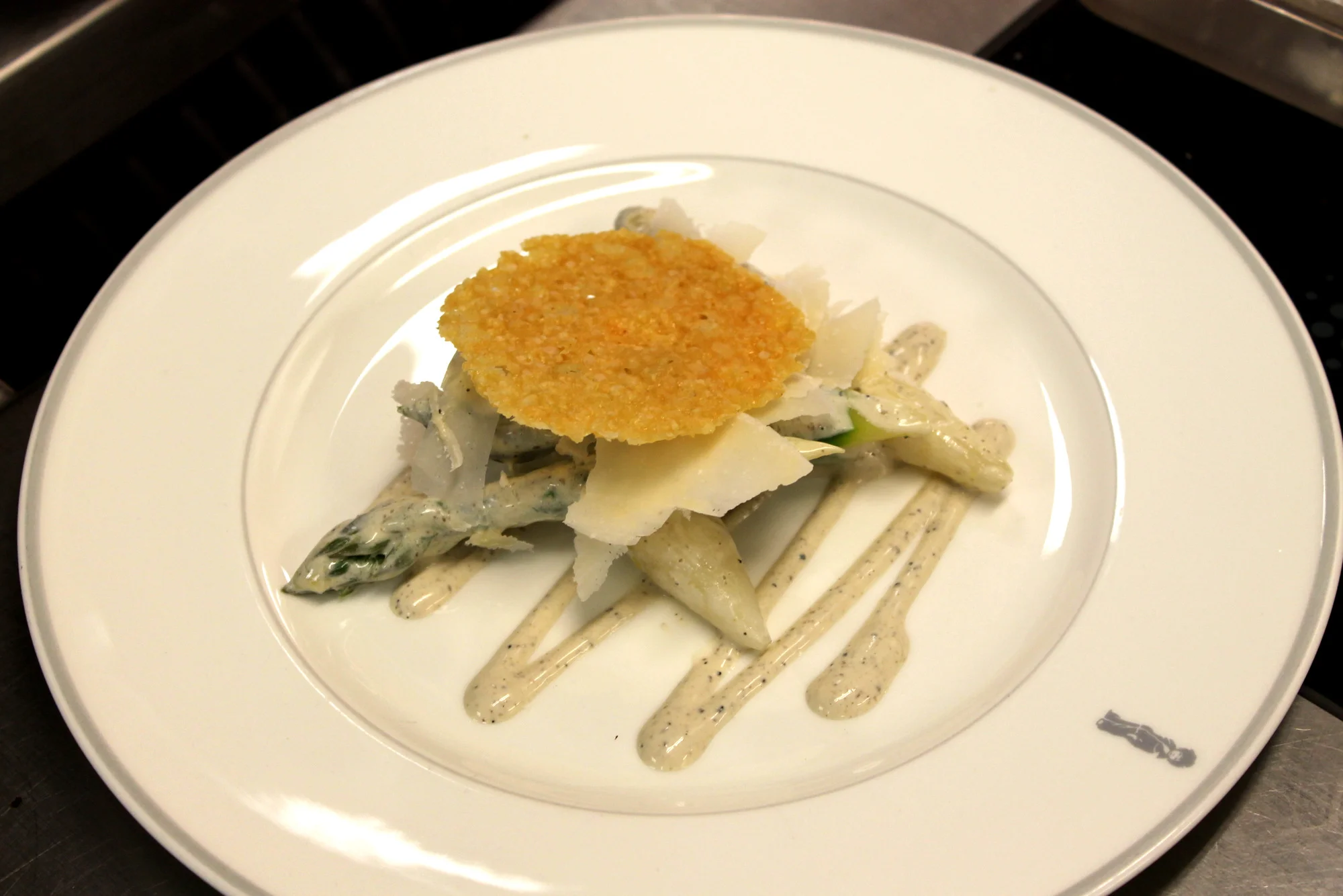 Asparagus with Parmesan Flakes, Truffle Dressing and Parmesan Tuille