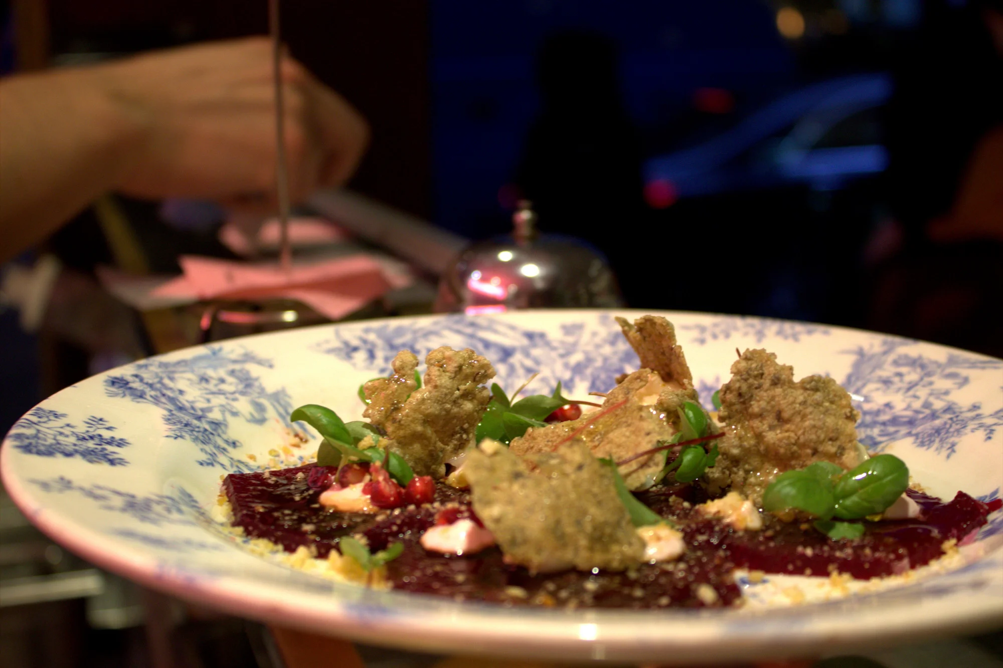Beetroot Carpaccio with Burnt Goat's Cheese, Hazelnuts and a Date and Honey Syrup