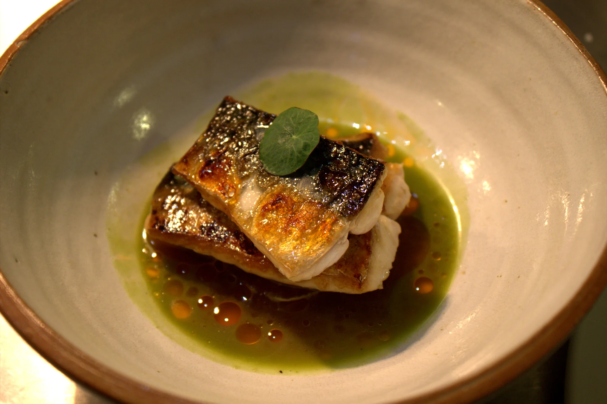 Charred Mackerel, Kombu Braised Daikon, Ginger and Champagne