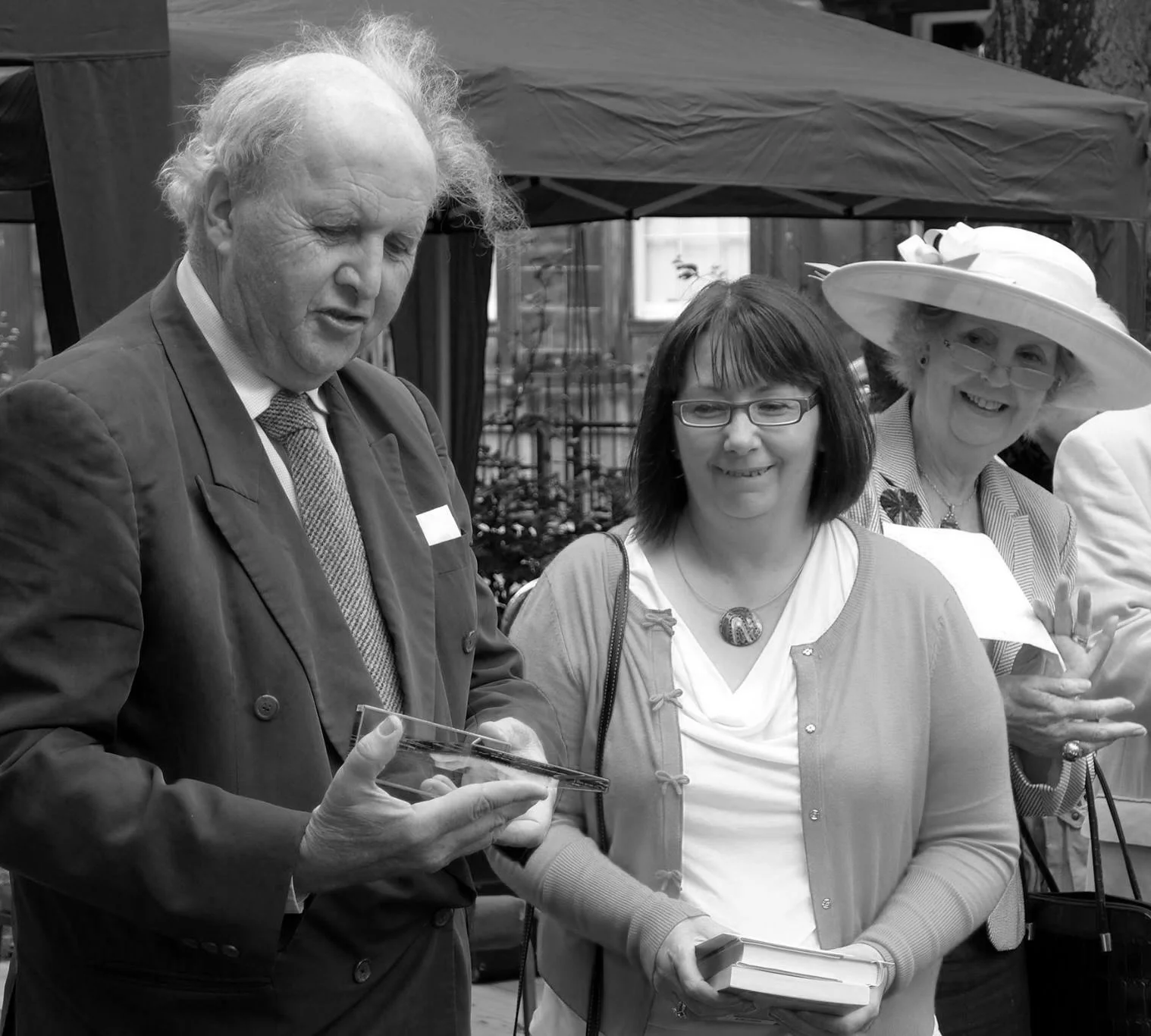 Alexander McCall Smith presents Sandra Ireland with the 2014 Scottish Arts Club Short Story Award for her brilliant story, The Desperation Game