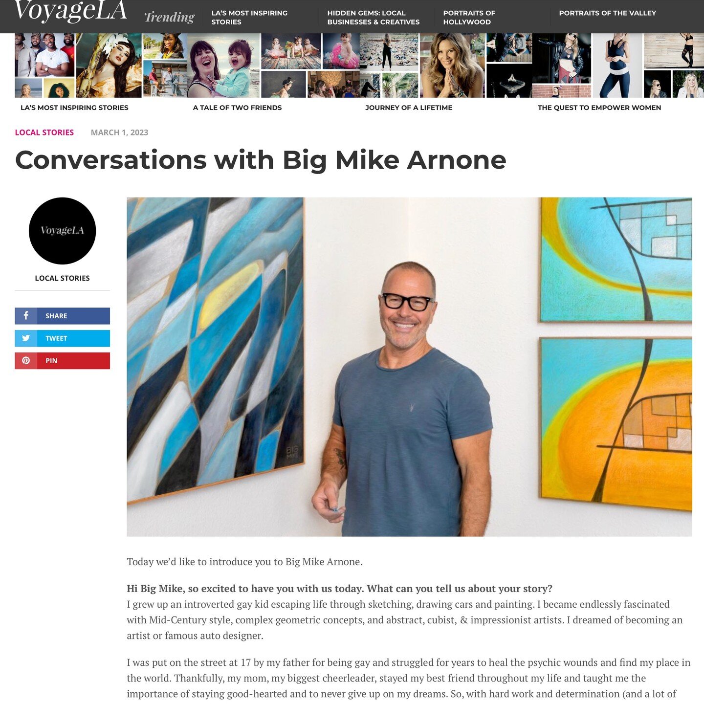 Thanks so much to VoyageLA Magazine for telling my story, very much appreciated. Read the whole article here: http://voyagela.com/interview/conversations-with-big-mike-arnone/
&bull;
#BigMikeArtPS #VoyageLAMag
BigMikeArt.com VoyageLA.com
#artcollecto