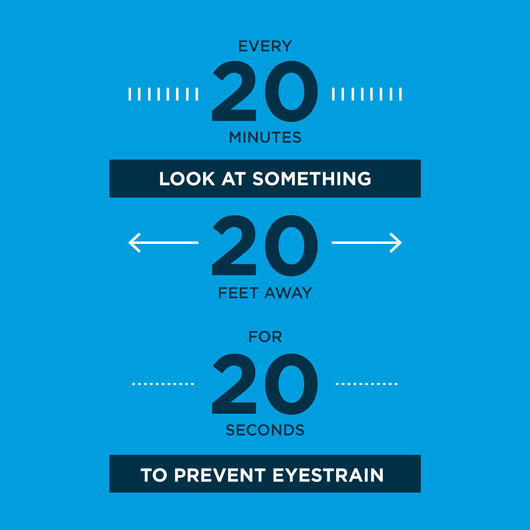 Excessive smartphone and computer use can contribute to digital eyestrain and visual fatigue. Use the 20/20/20 rule to help!