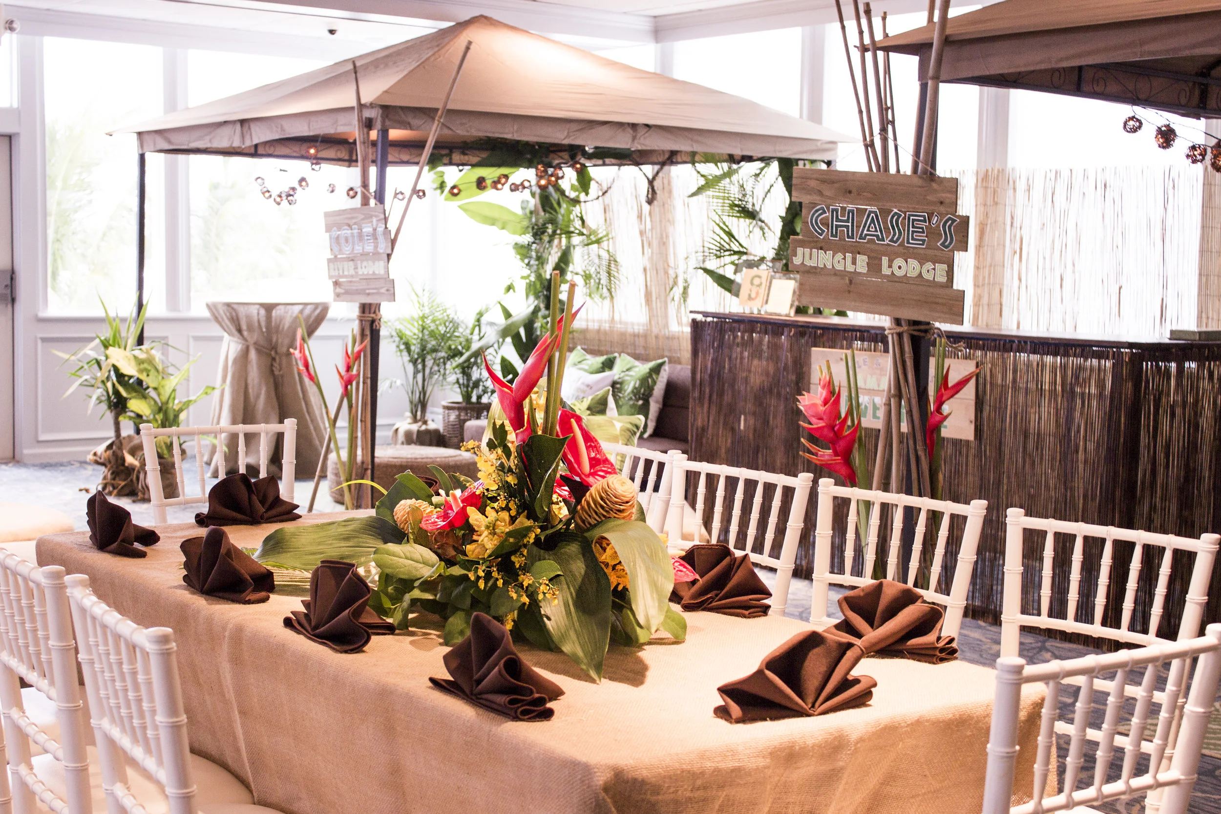 tropical themed centerpiece for amazon jungle themed b’nai mitzvah