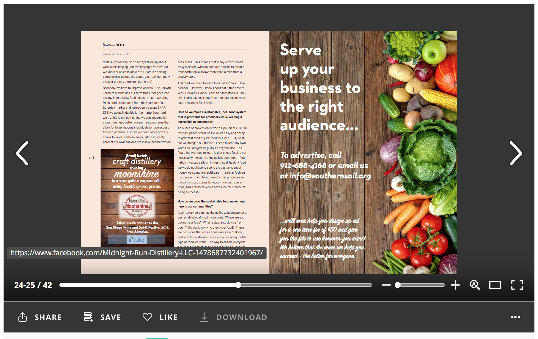 And here's an example of one of the ways that a digital magazine has the printed kind beat! As you're reading through the magazine and you see something that interests you ... like an ad from someplace fabulous like Midnight Run Distillery and you think .... "Wow! I need to go find out more about this place!" You can just click on the link and it opens a new page for you, taking you directly to the site you want to see. How cool is that? (It's also pretty cool for advertisers who don't have to rely on readers to remember to look them up later.)