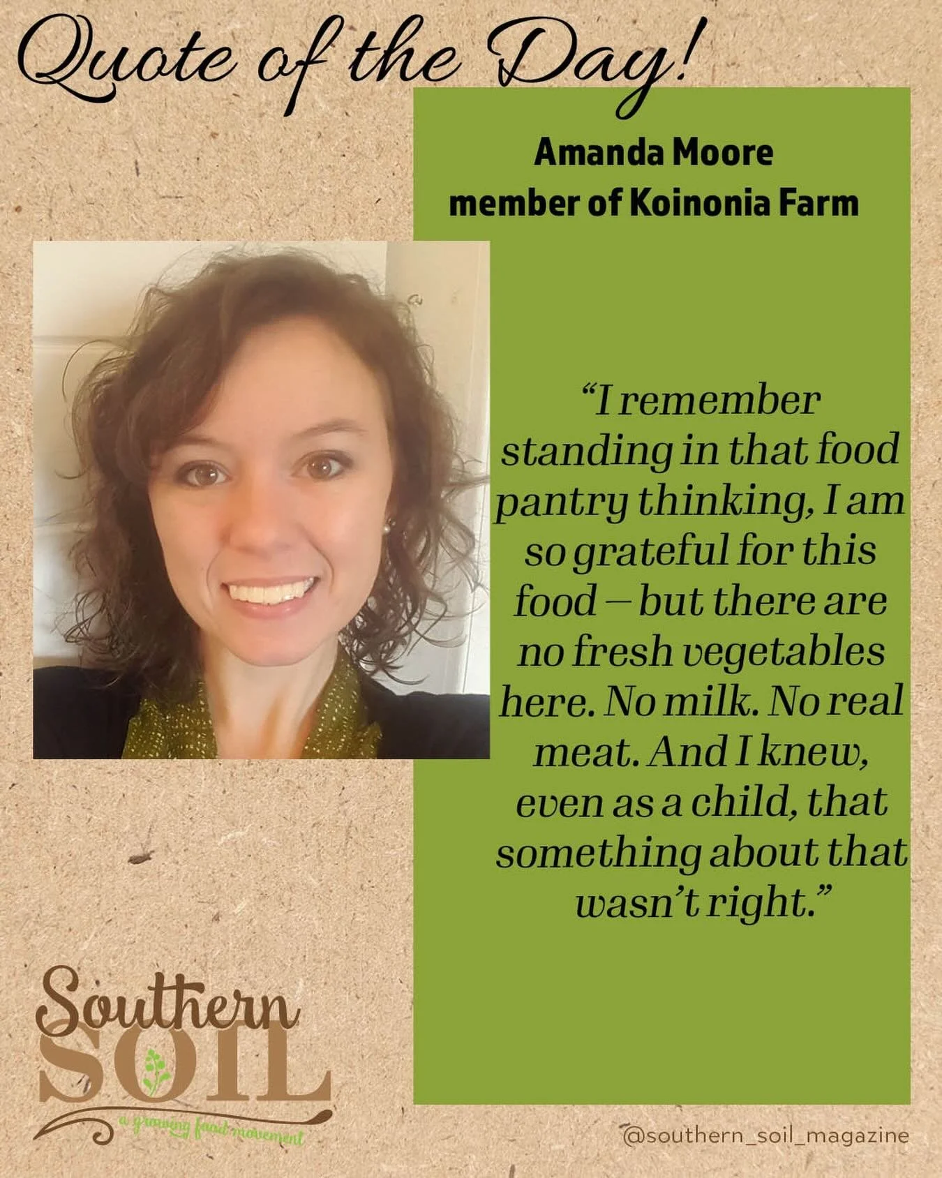 &ldquo;I remember standing in that food pantry thinking, I am so grateful for this food but there are no fresh vegetables here. No milk. No real meat. And I knew, even as a child that something about that wasn&rsquo;t right.&rdquo;

I recently sat do