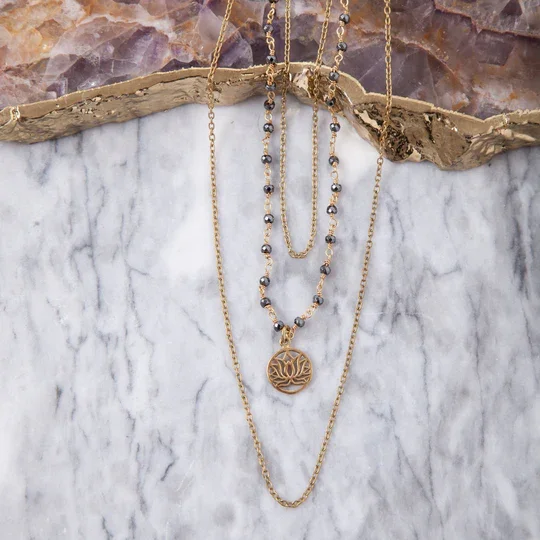 Baizaar Brass Lotus Layered Necklace with Hematite