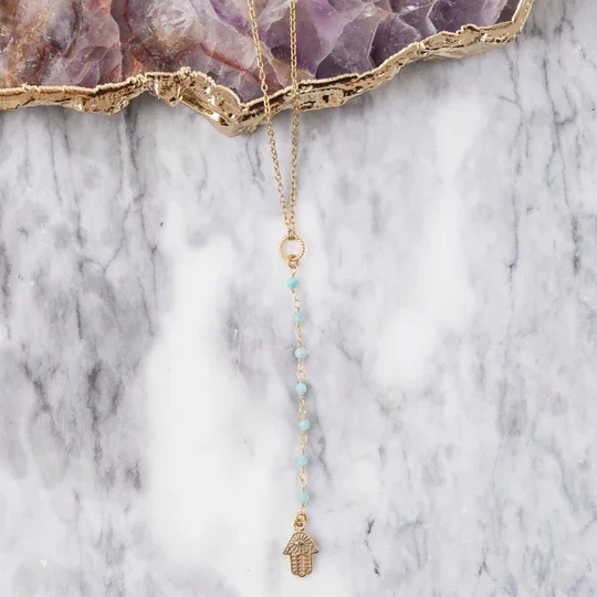 Baizaar Brass Hamsa Charm Necklace with Amazonite