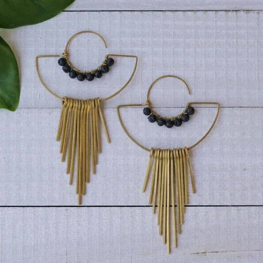 Baizaar Brass Fringe Earrings - Lava Stone