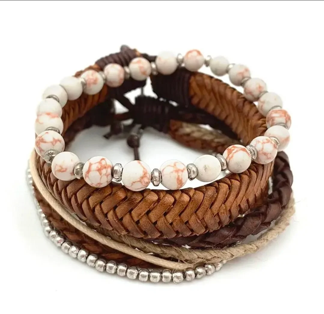 Anju Beaded Leather Bracelets - Red Web Jasper
