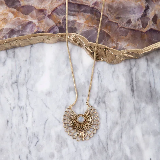 Baizaar Brass Winged Moonstone Pendant Necklace