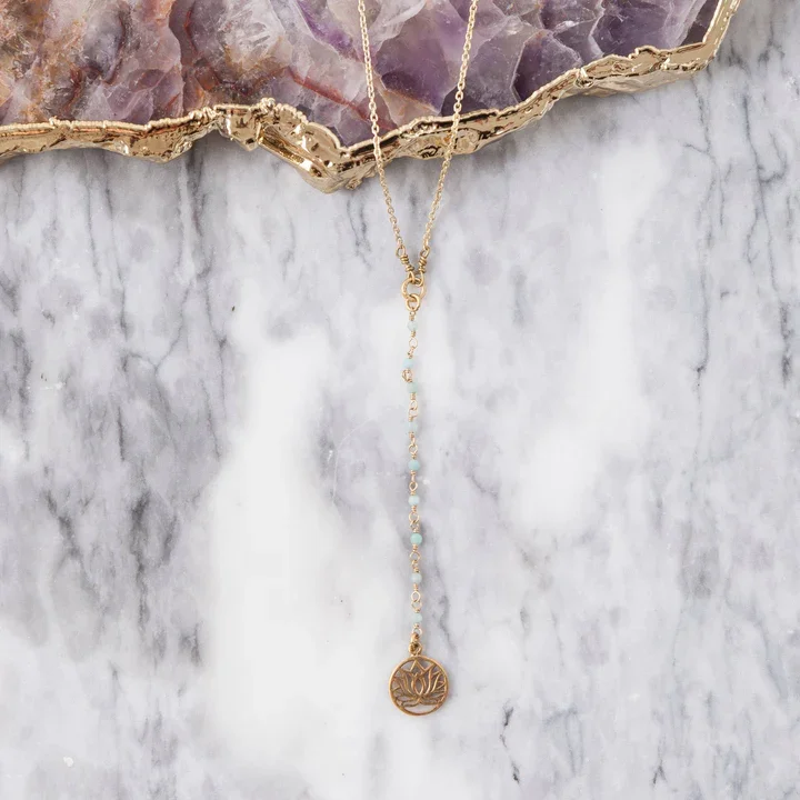 Baizaar Brass Lotus Charm Necklace with Amazonite