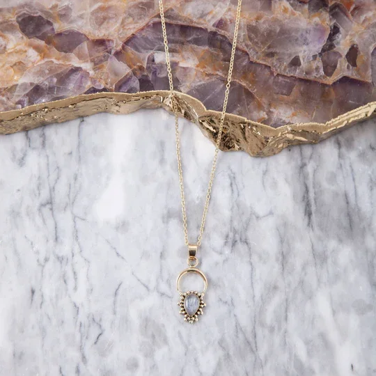 Baizaar Brass Tear Drop Moonstone Aura Necklace