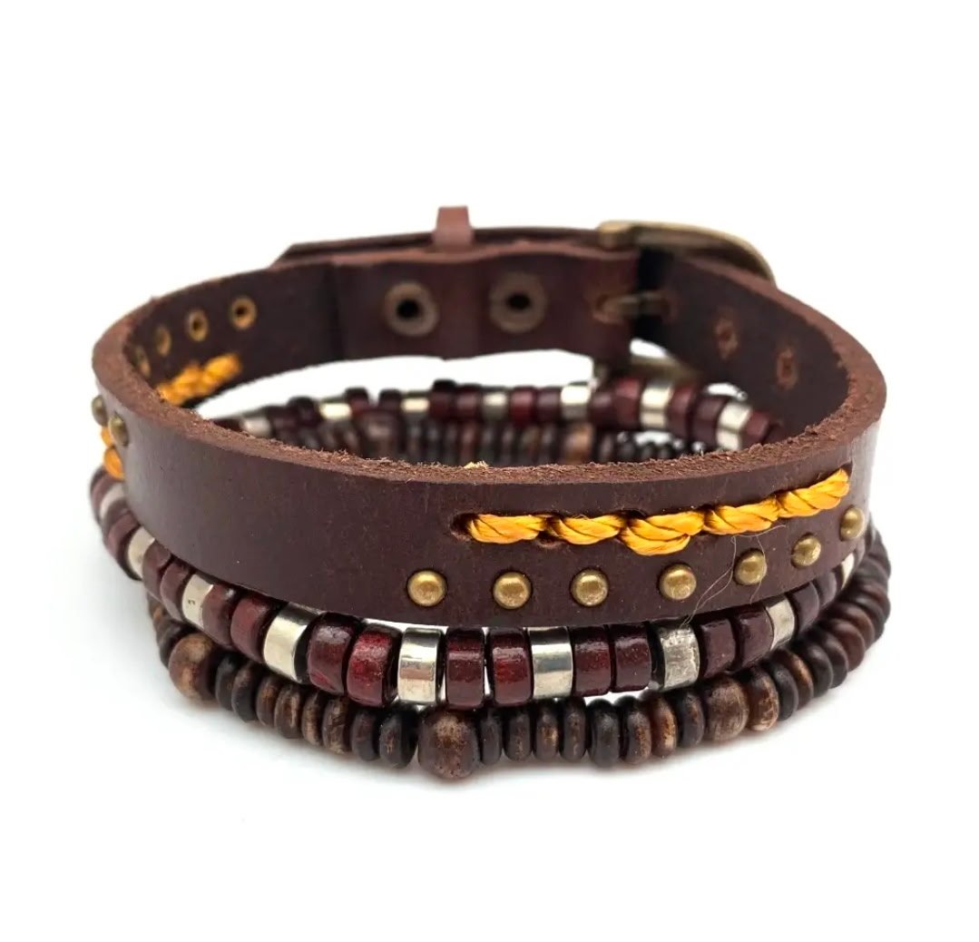 Anju Beaded Leather Bracelets - Wooden