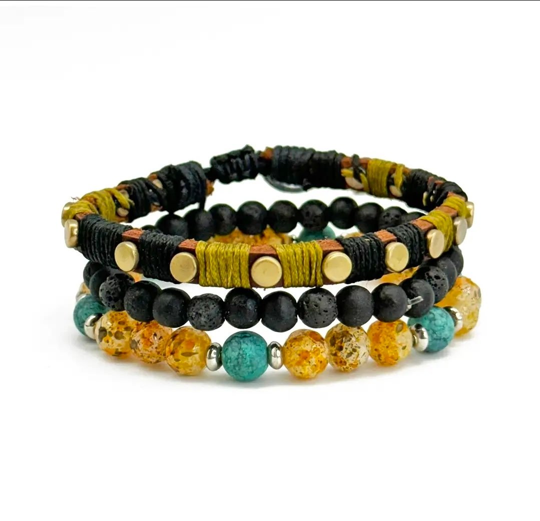 Anju Beaded Cord Bracelets - Lava Stone & Turquoise