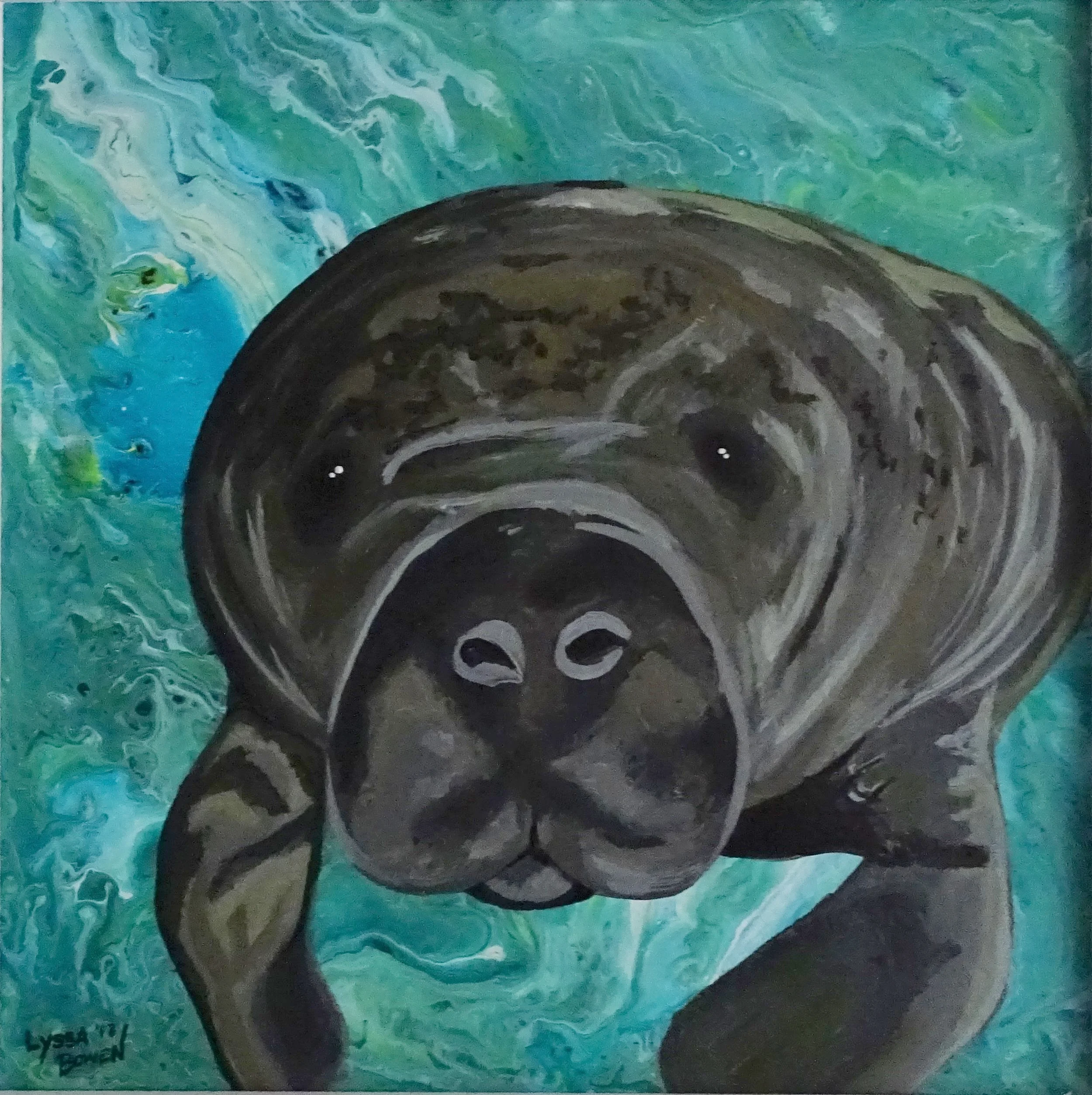 "Manatee" acrylic pour and acrylic on canvas board
