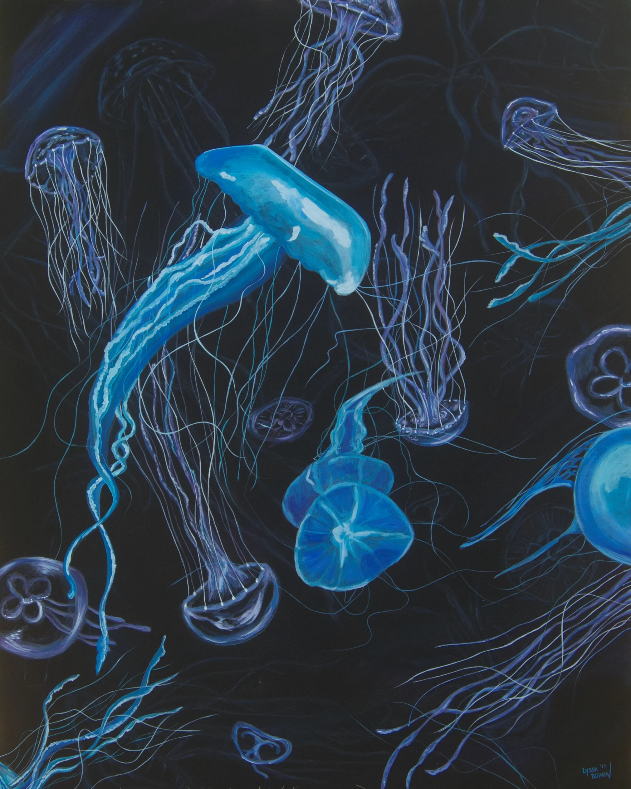 "Jellyfish" glow in the dark medium and acrylic on canvas