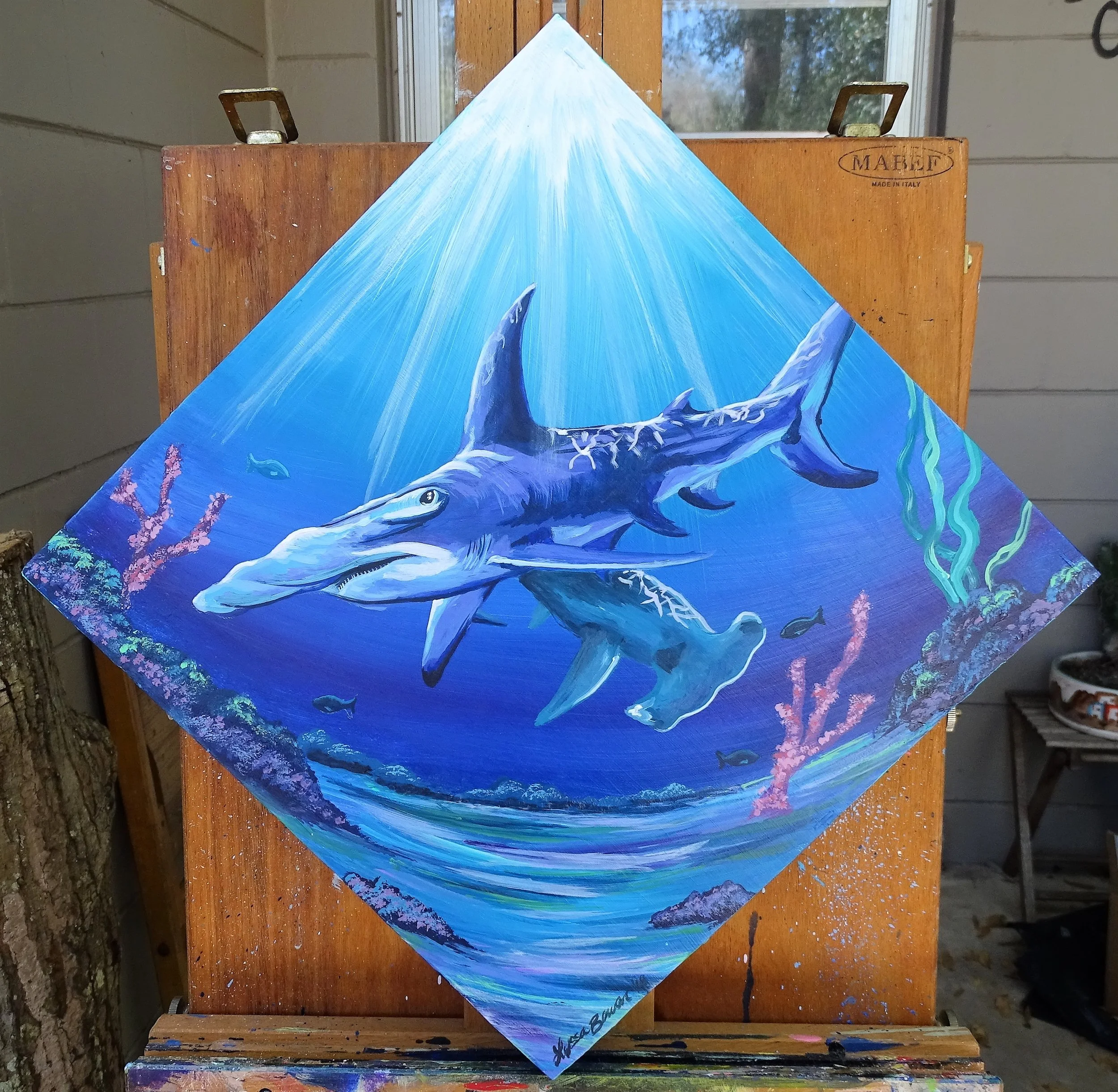"Hammerheads" acrylic on wood with a resin finish