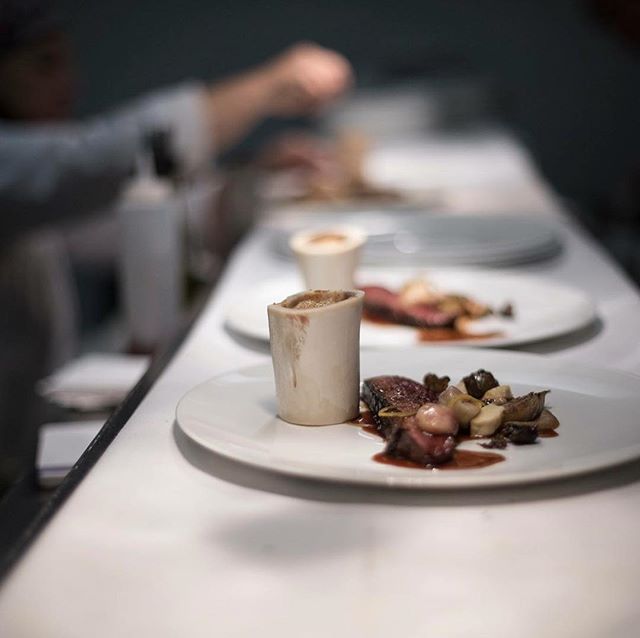 On the line: Rib of Prime Beef &agrave; la Bordelaise, Tarte Tatin of Potatoes, Artichokes and Gruy&egrave;re, Marbled Ni&ccedil;oise Olive Oil, B&eacute;arnaise, Bone Marrow, Sea Salt and Thyme