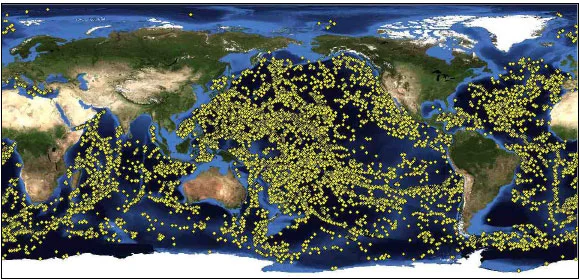 Image 1. This image from the Scientific Library Online displays a range of mapped seamounts. Scientists have only explored a small percent of these seamounts.
