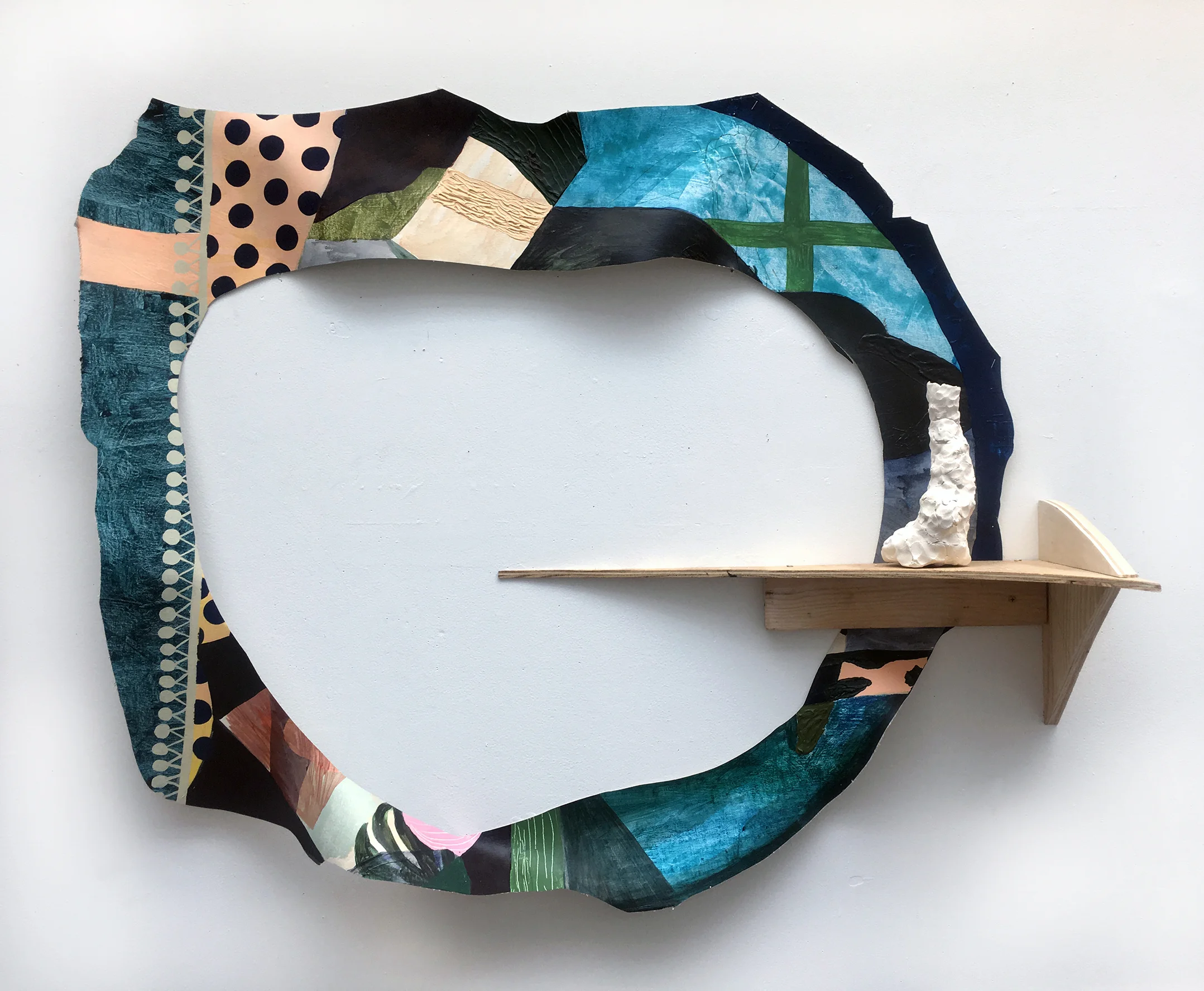 Open Wide, acrylic and flashe on canvas with wooden shelf and porcelain, 45 by 37 by 11 inches, 2017