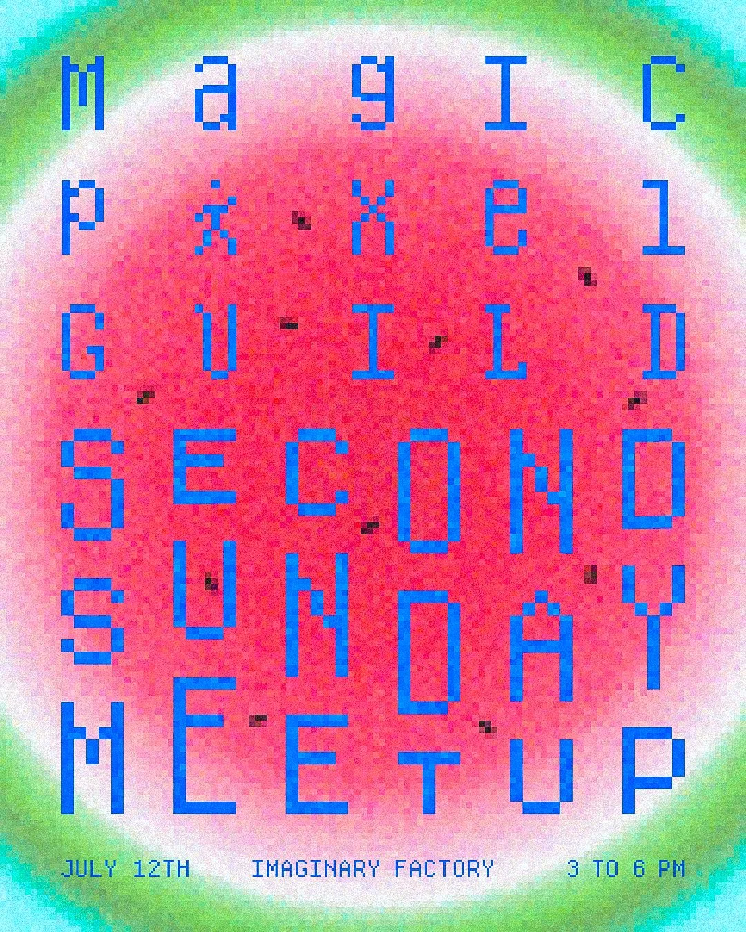 Blue pixelated text atop an abstract watermelon-covered gradient