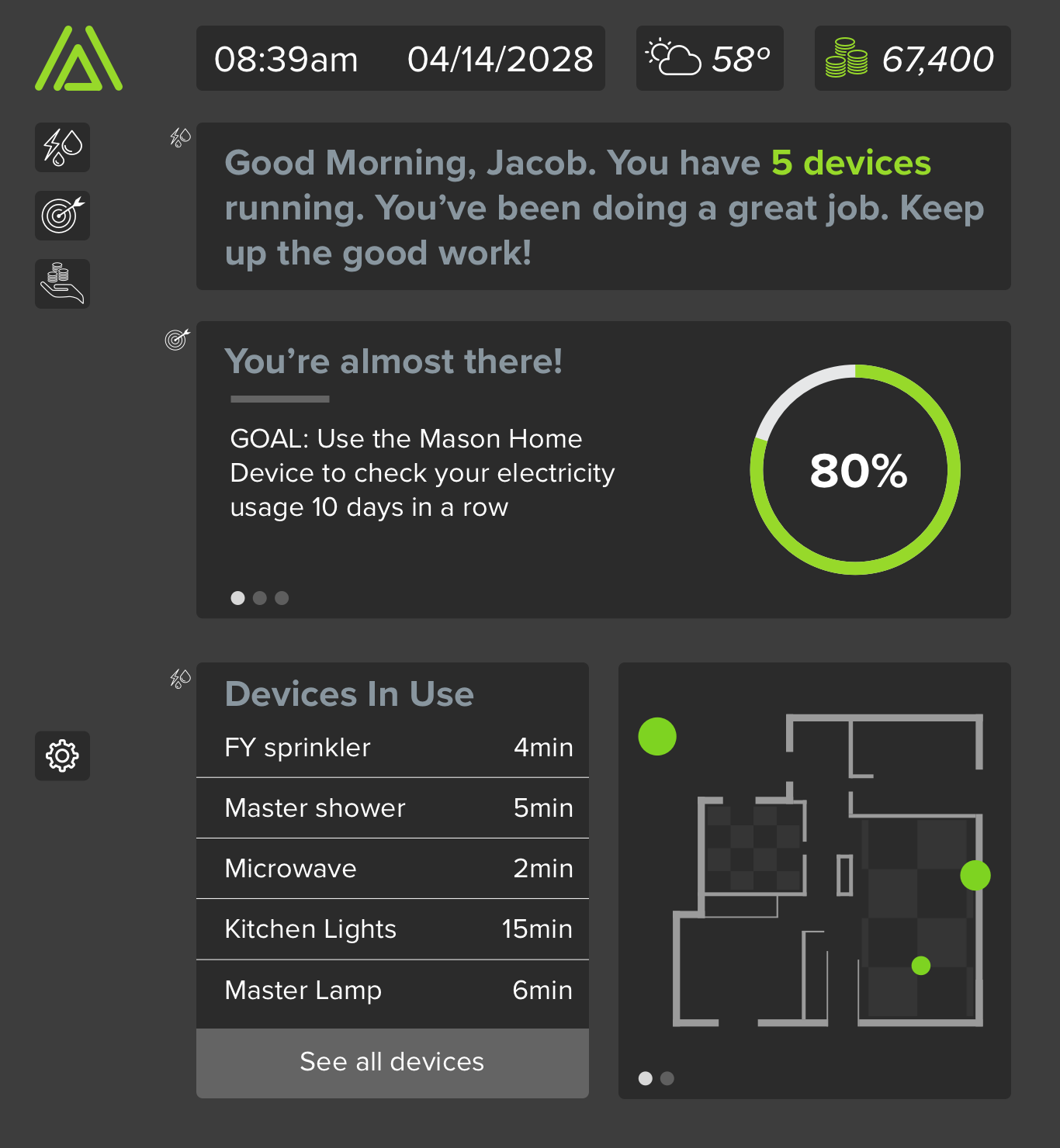 Home — The home screen is where main notifications will go as well as a simplified version of the usage screens and goals. The interface is modular and would be customizable by the user.