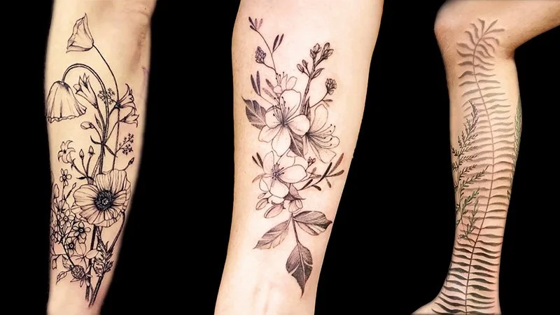 Examples of botanical tattoos in Spokane, Washington with flowers, ferns and other foliage.
