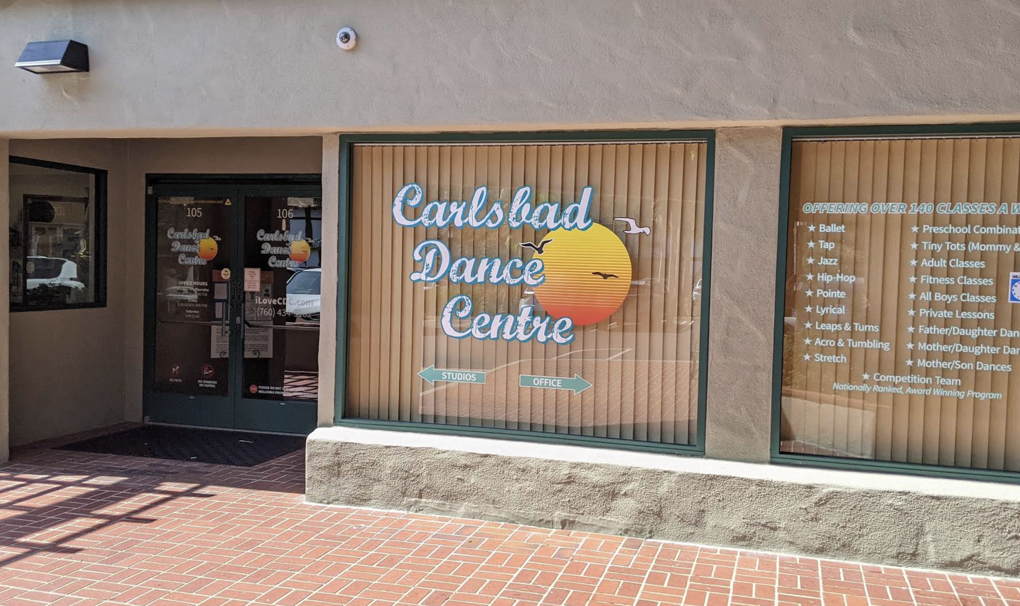 Carlsbad Dance Centre front entrance area. With logo on window