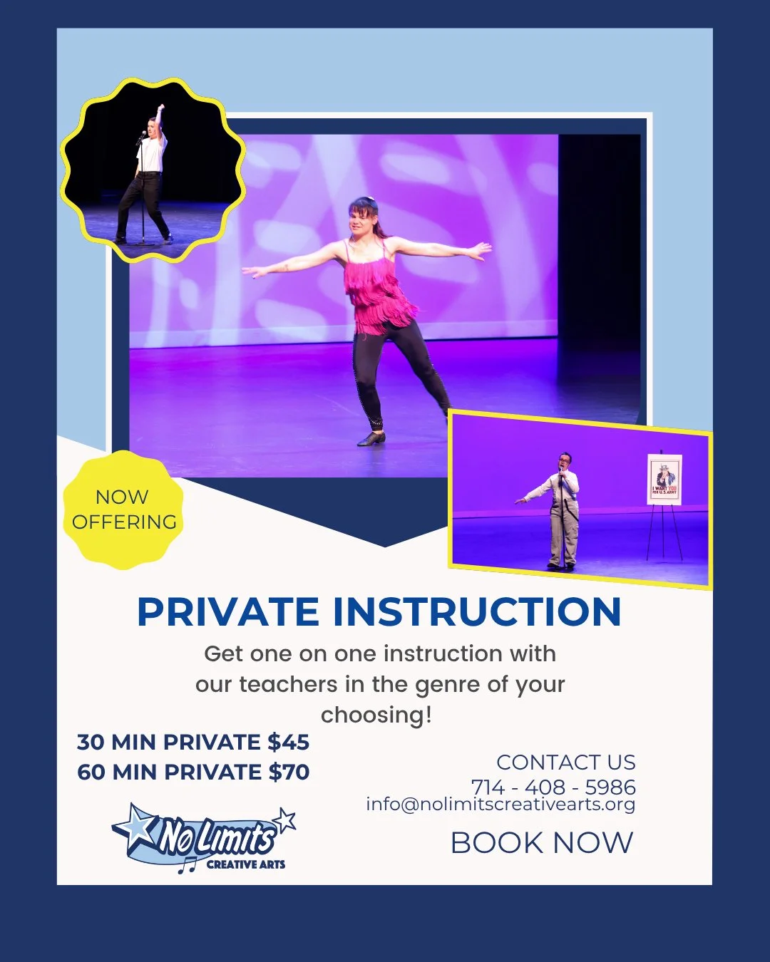 🚨 NEW 🚨AT NO LIMITS ‼️ We are now offering PRIVATE LESSONS! 

A private lesson includes the teacher of your choice with personalized choreography and lessons to best suit your performer! 

Private lesson are only available at our No Limits Headquar