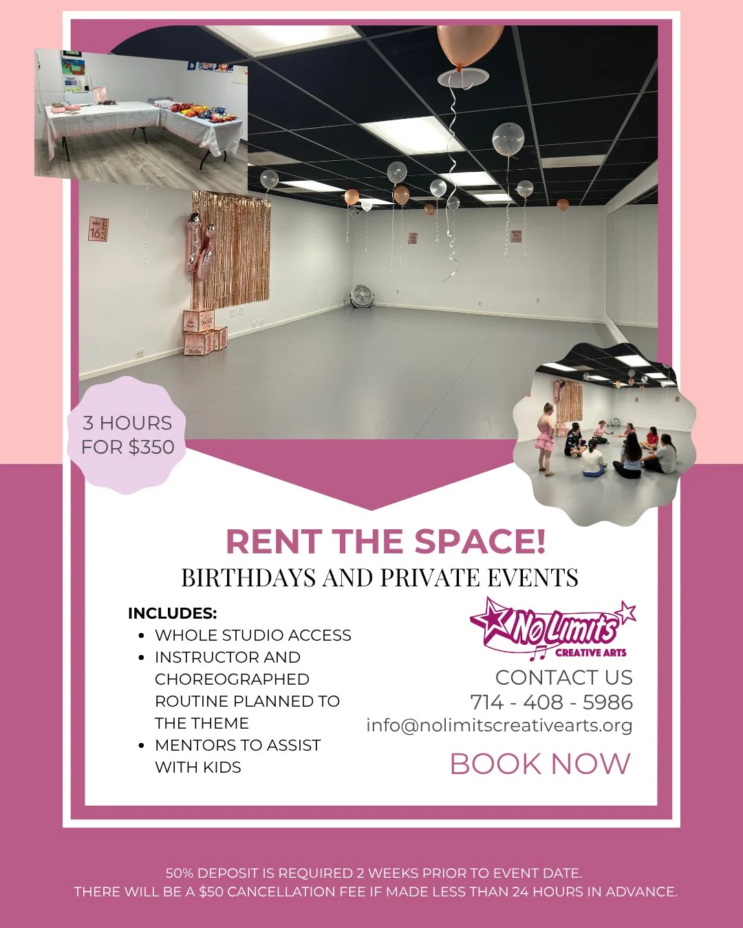 Looking for a place to party? We're hosting! ⭐️🥳🎉 

When you book the No Limits Headquarters for your party, it includes party games, a special themed dance routine, and access to the whole studio! 

Bring any decorations and snacks, and we'll help