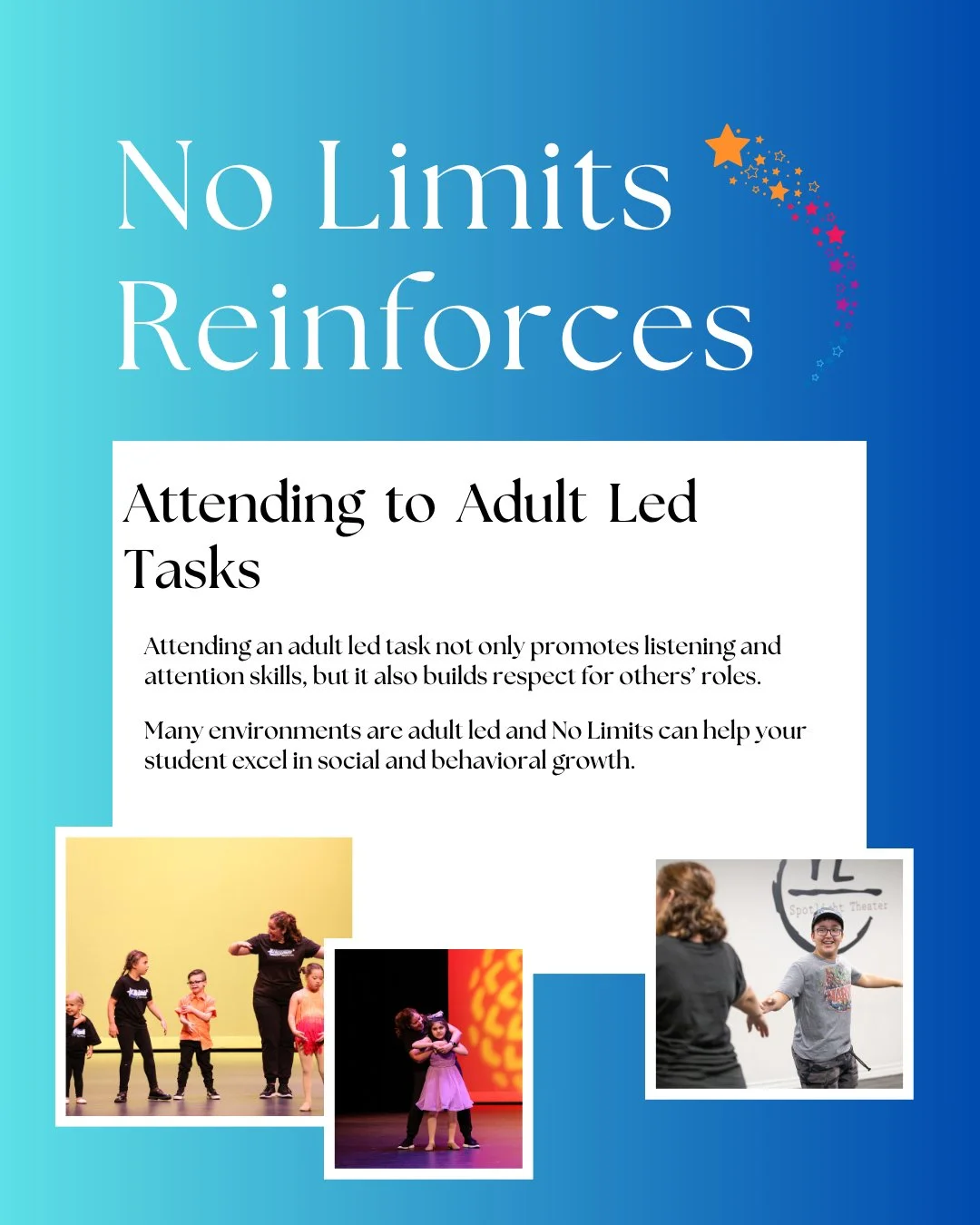 Attending to Adult Lead Tasks! Find out how this can be a useful skill to your performer! 
*
*
*
*
*
#BreakingBarriers #NeurodiversityMatters #BuildingInclusiveCommunities #specialneedsdance #specialneedsmusicaltheater #speicalneedsyoga #speicalneeds