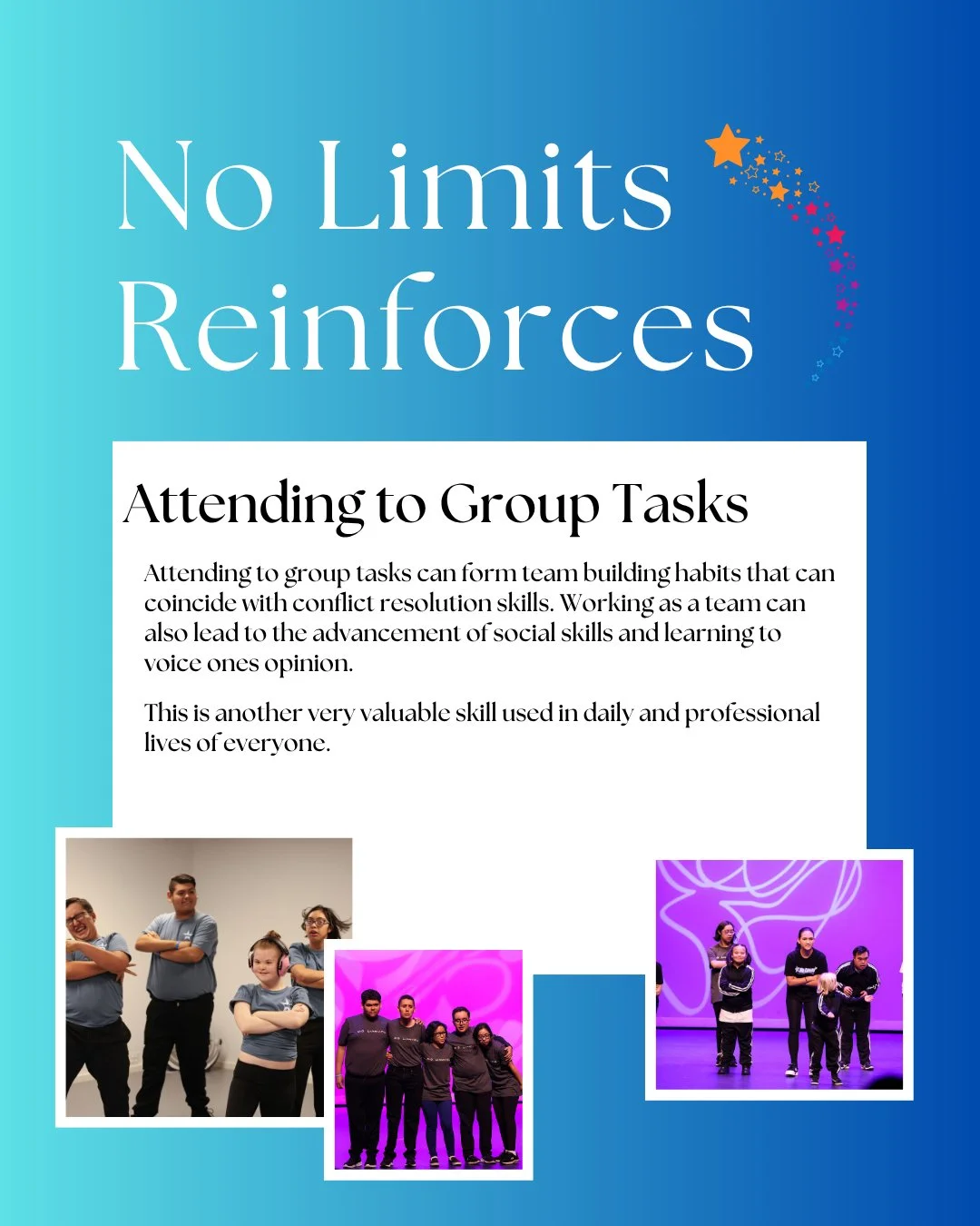 Attending to Group Tasks! π
*
*
*
*
*
#BreakingBarriers #NeurodiversityMatters #BuildingInclusiveCommunities #specialneedsdance #specialneedsmusicaltheater #specialneedsyoga #speicalneedshiphop #DisabilityInclusion #AutismInclusion