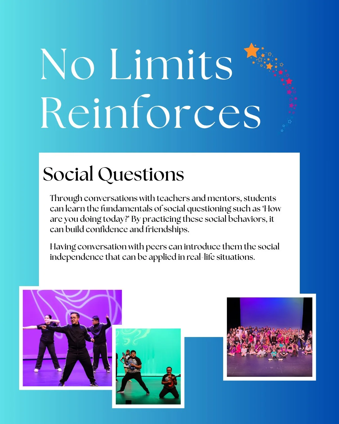 Social Questions! 💙
*
*
*
*
*
#BreakingBarriers #NeurodiversityMatters #BuildingInclusiveCommunities #specialneedsdance #specialneedsmusicaltheater #specialneedsyoga #specialneedshiphop #DisabilityInclusion #AutismInclusion