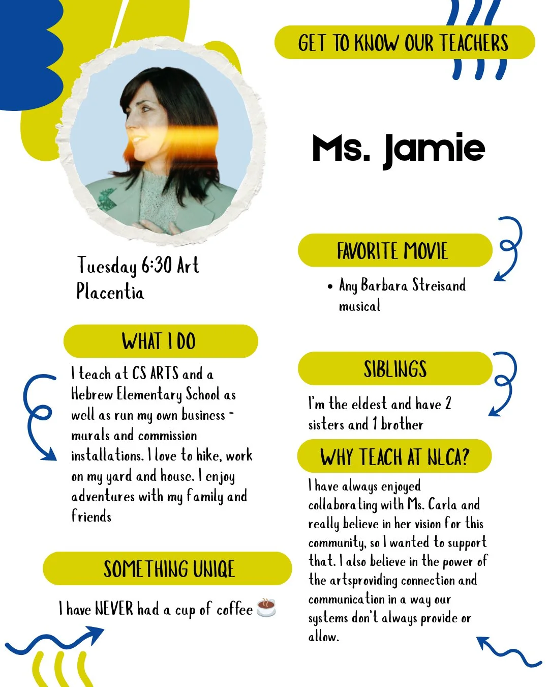 We are back and can't wait for you to meet our fabulous ART teacher Ms. Jamie!!! 
.
.
Read about Ms. Jamie and then tell us what you love about her! 

*
*
*
*
*
#nolimitscreativearts #nolimitsisawesome