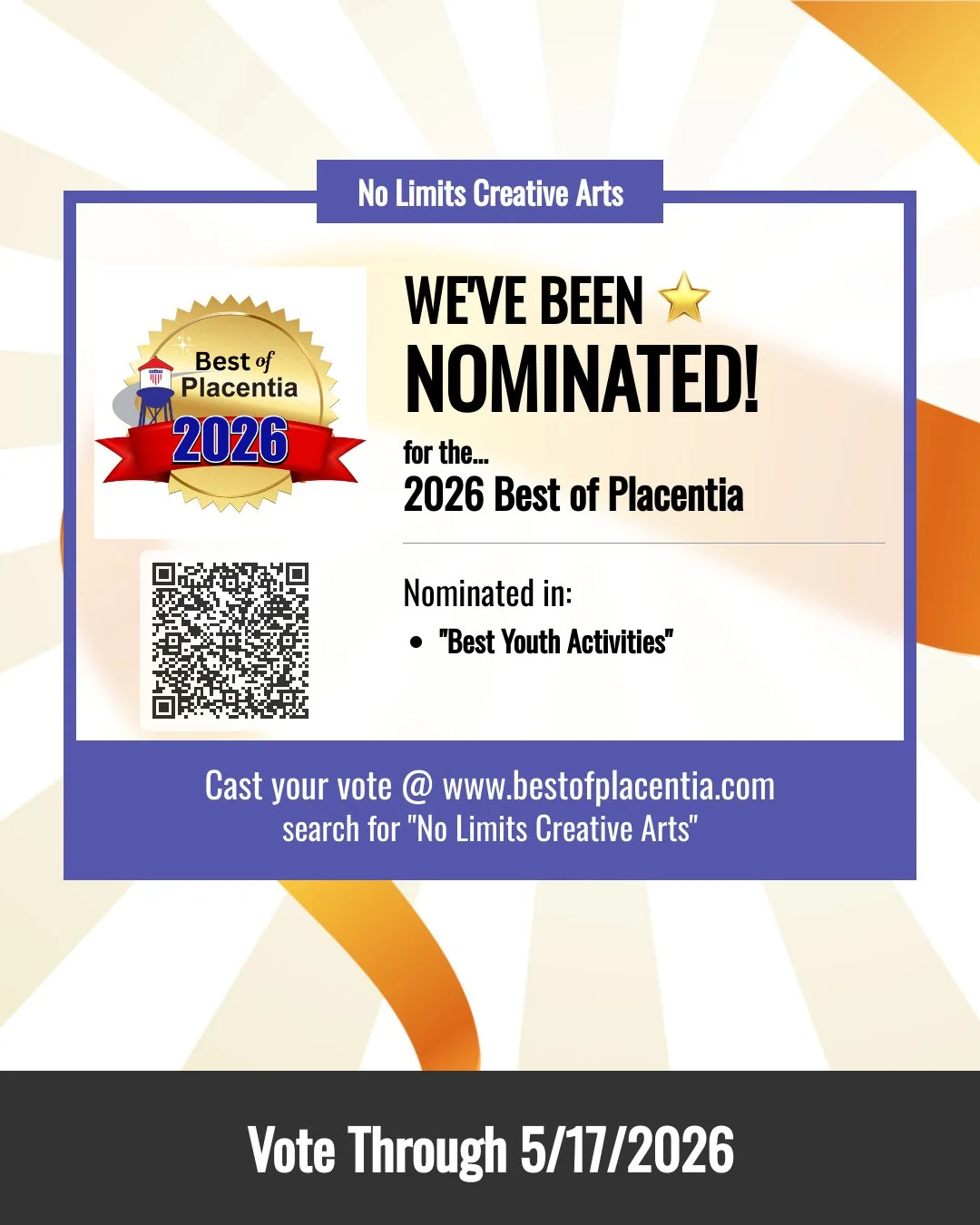 We are currently in 4th place and would LOVE your VOTE!!

We've been nominated for the 2026 best of Placentia! Scan QR code or go to the website www.bestofplacentia.com and search No Limits Creative Arts to vote today!! 

*
*
*
*
*
#BestofPlacentia
#