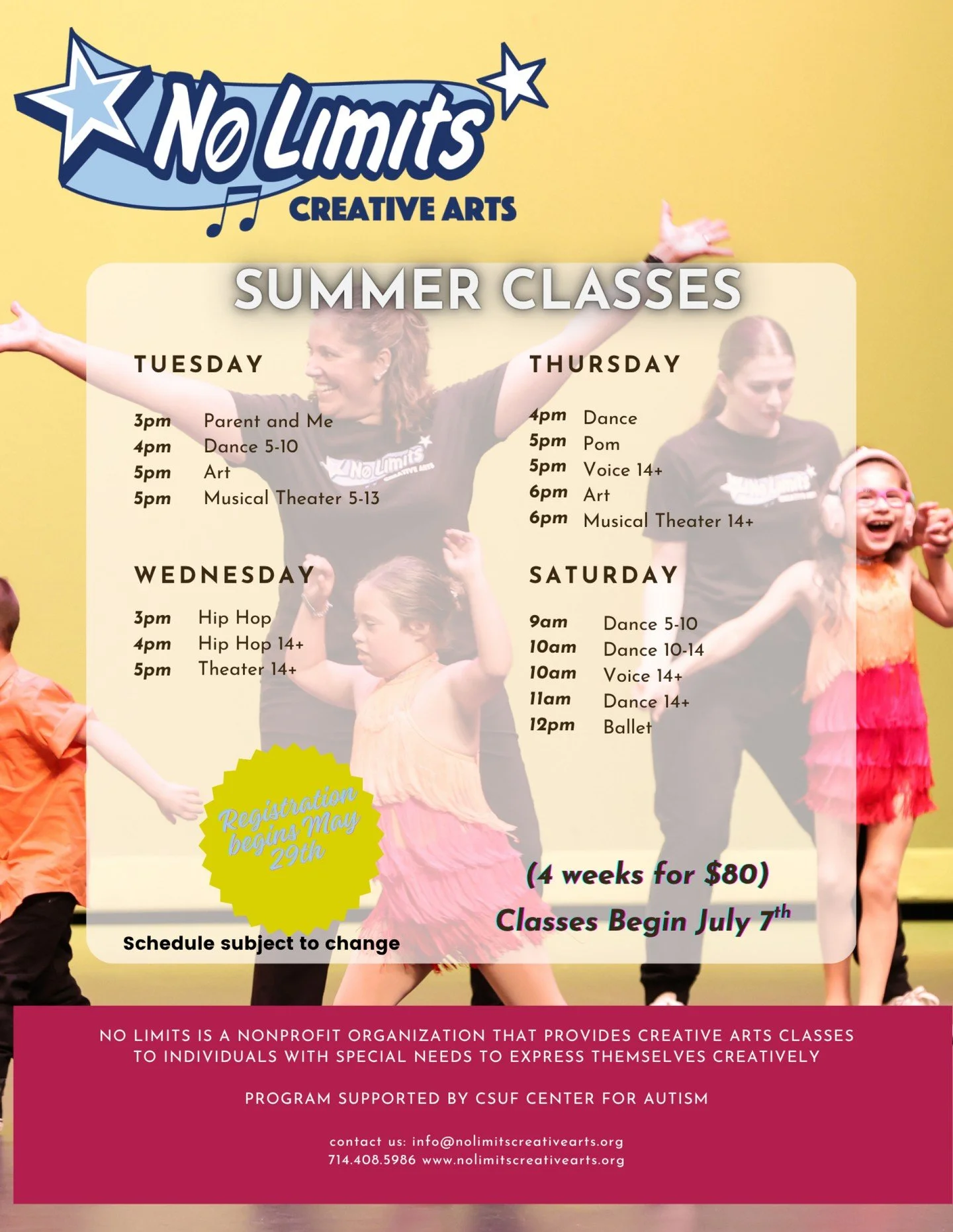 Wondering what to do this summer??? We have classes to keep kids and young adults active and creative this summer. 
.
Registration opens May 29th! Come Join us!
*
*
*
*
*
#BreakingBarriers #NeurodiversityMatters #BuildingInclusiveCommunities #special