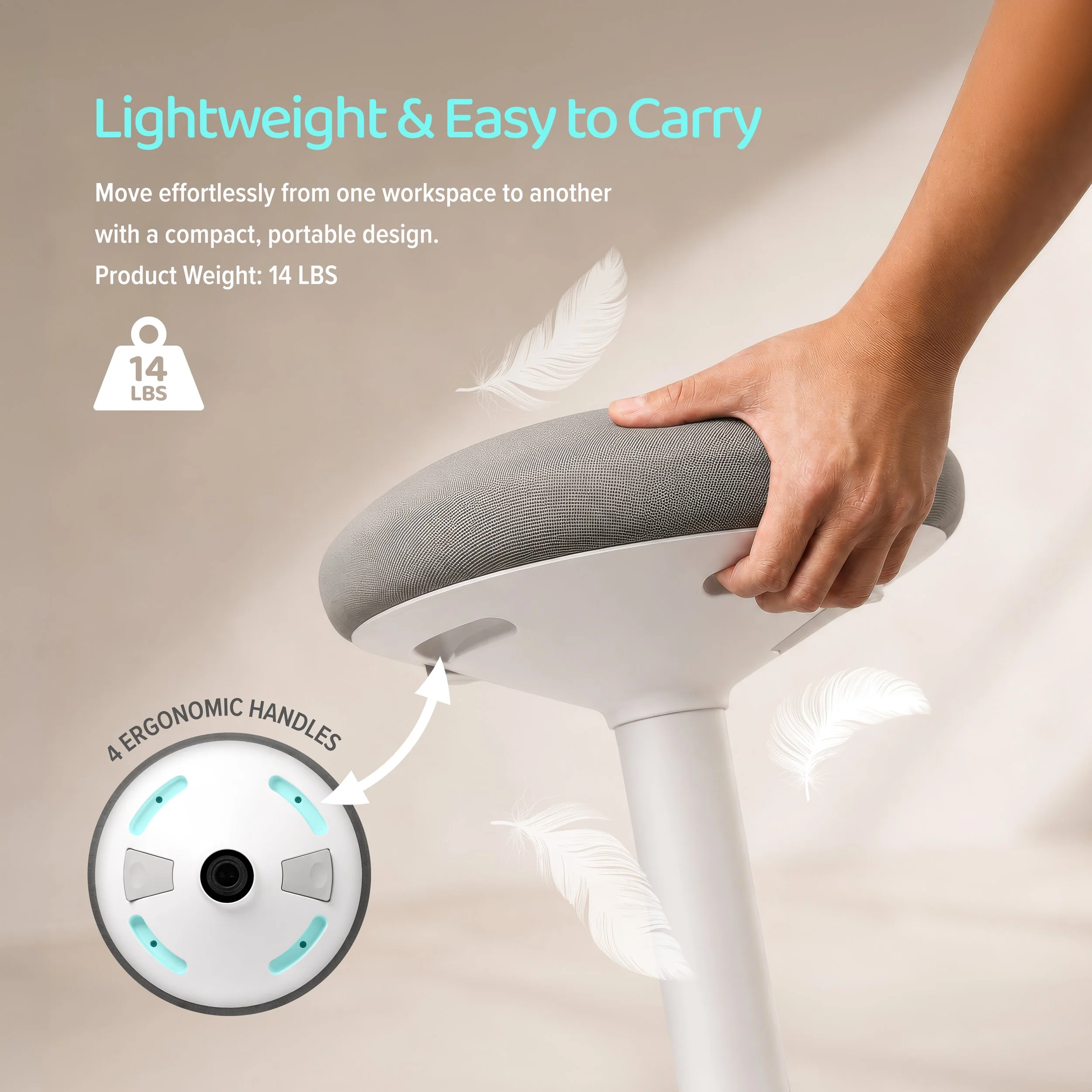 Lightweight wobble stool being carried by its seat with ergonomic handle and 14-pound product weight highlighted.