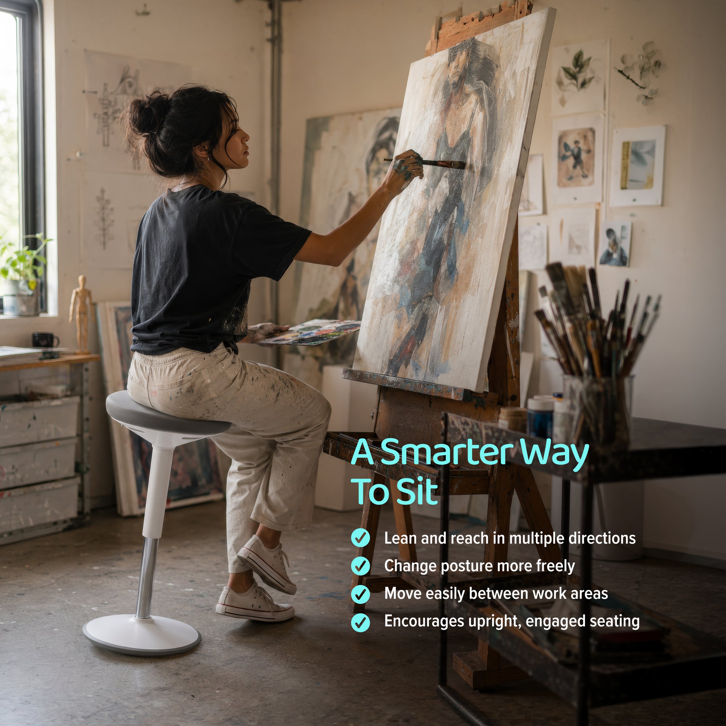 Artist sitting on an adjustable wobble stool while painting at an easel in a creative studio.