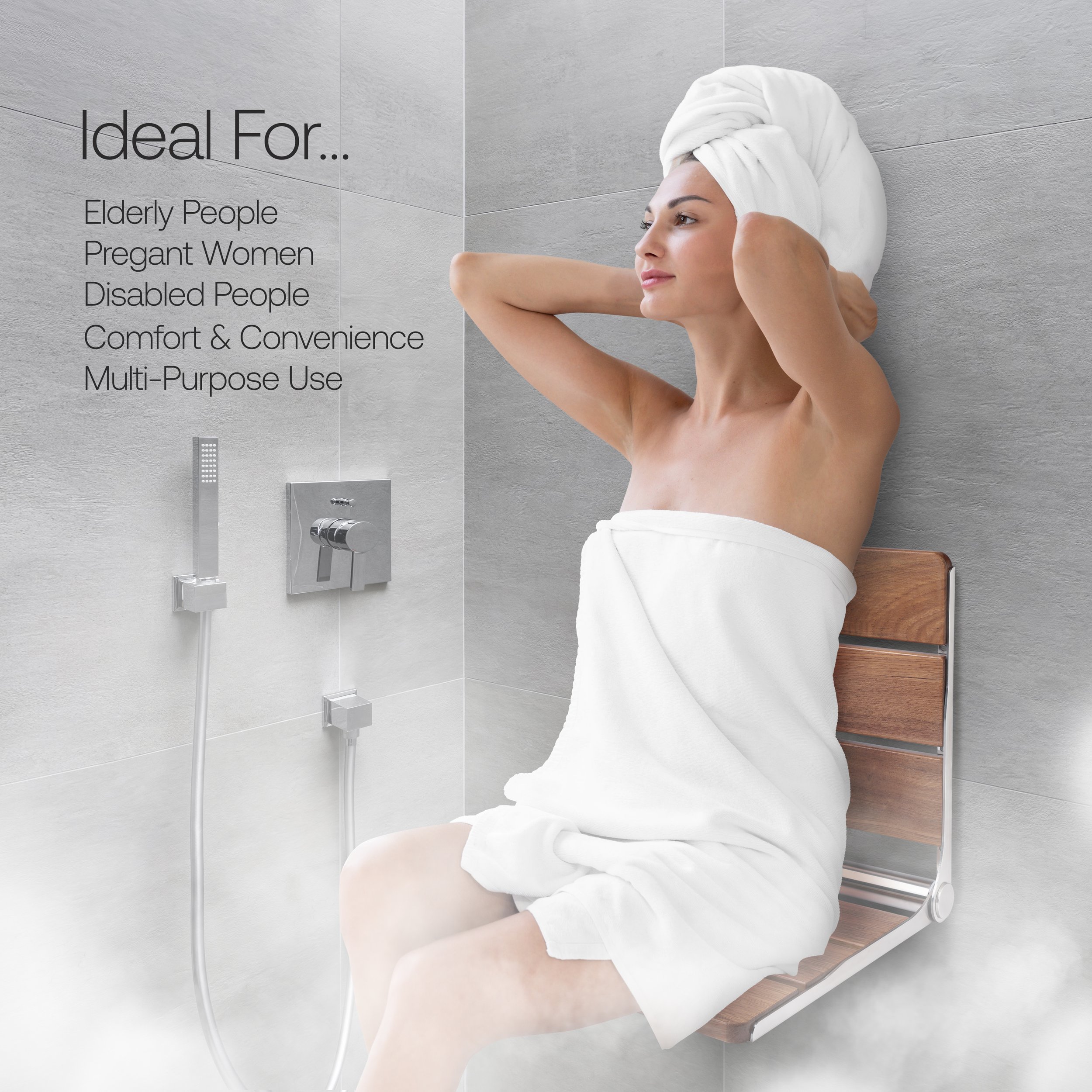 Woman using a wall-mounted teak shower seat with ideal-use applications for comfort, pregnancy, elderly and disabled users highlighted.
