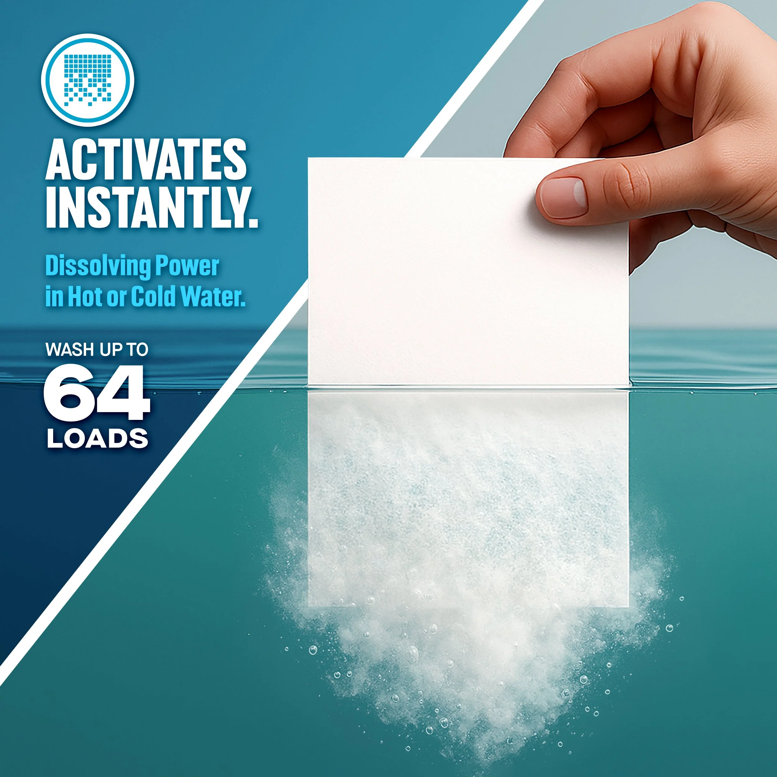 Laundry detergent sheet dissolving in water with infographic text highlighting instant activation and up to 64 loads.