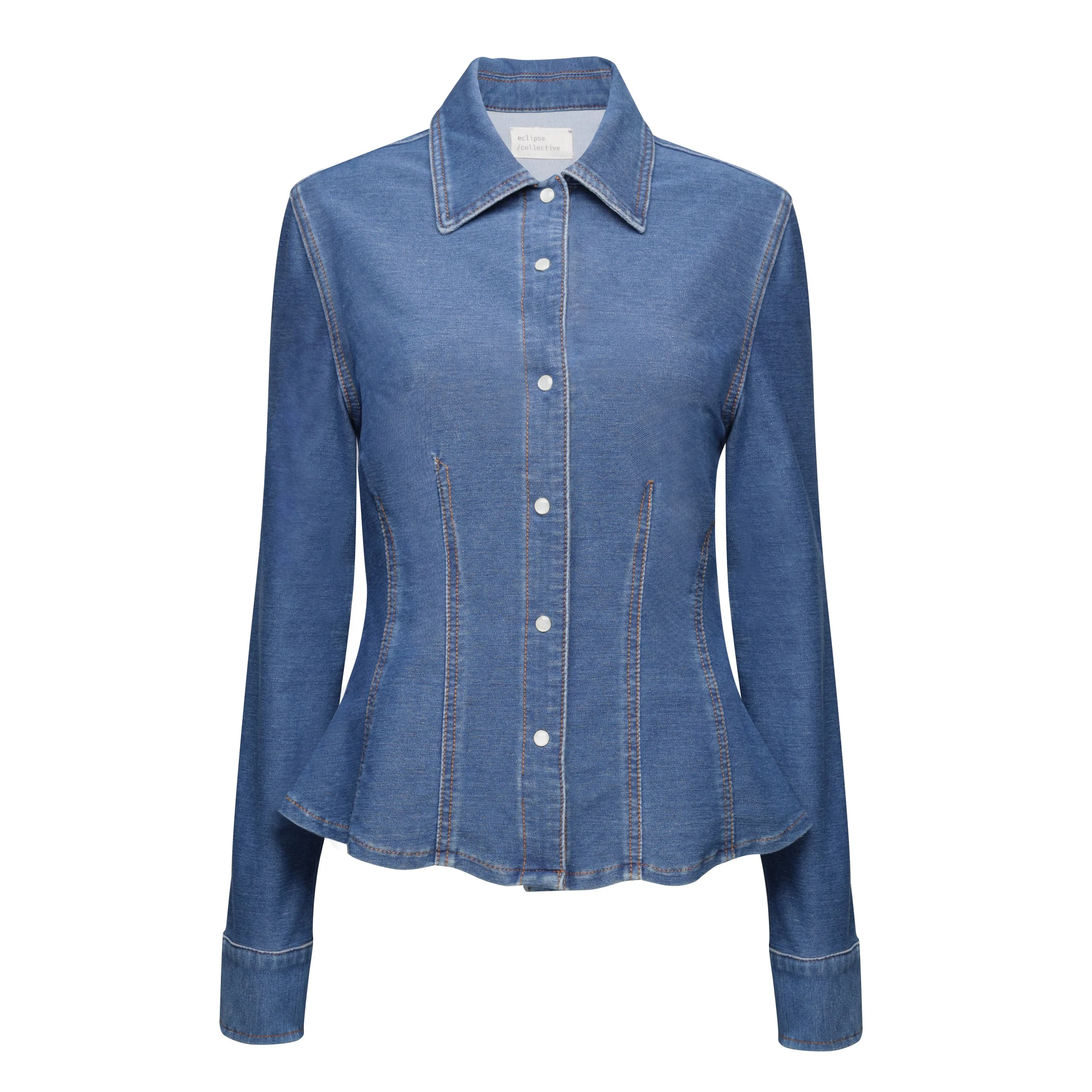 A denim shirt with white buttons, long sleeves, and a classic collar.