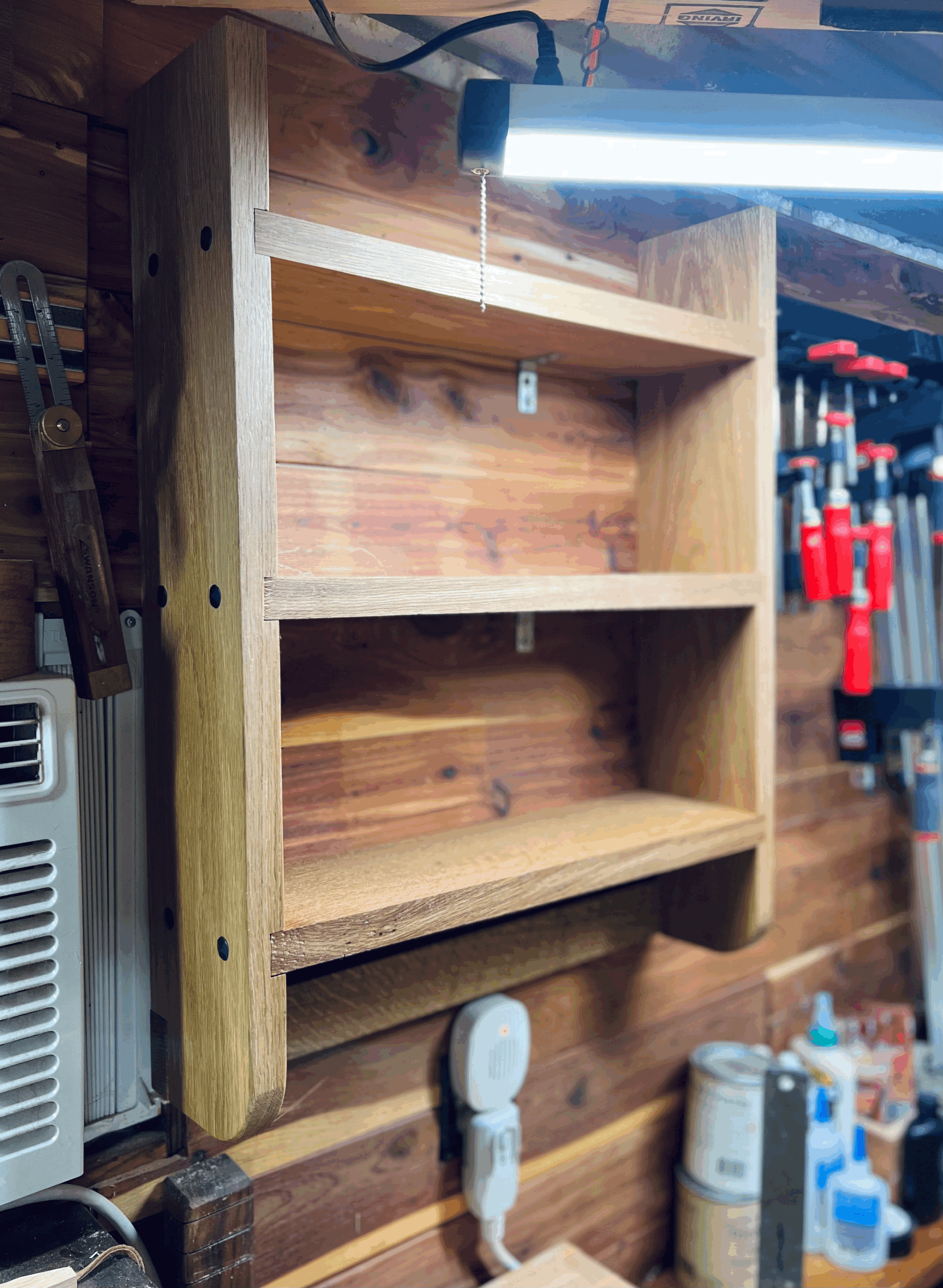 Small shop storage rack in White Oak