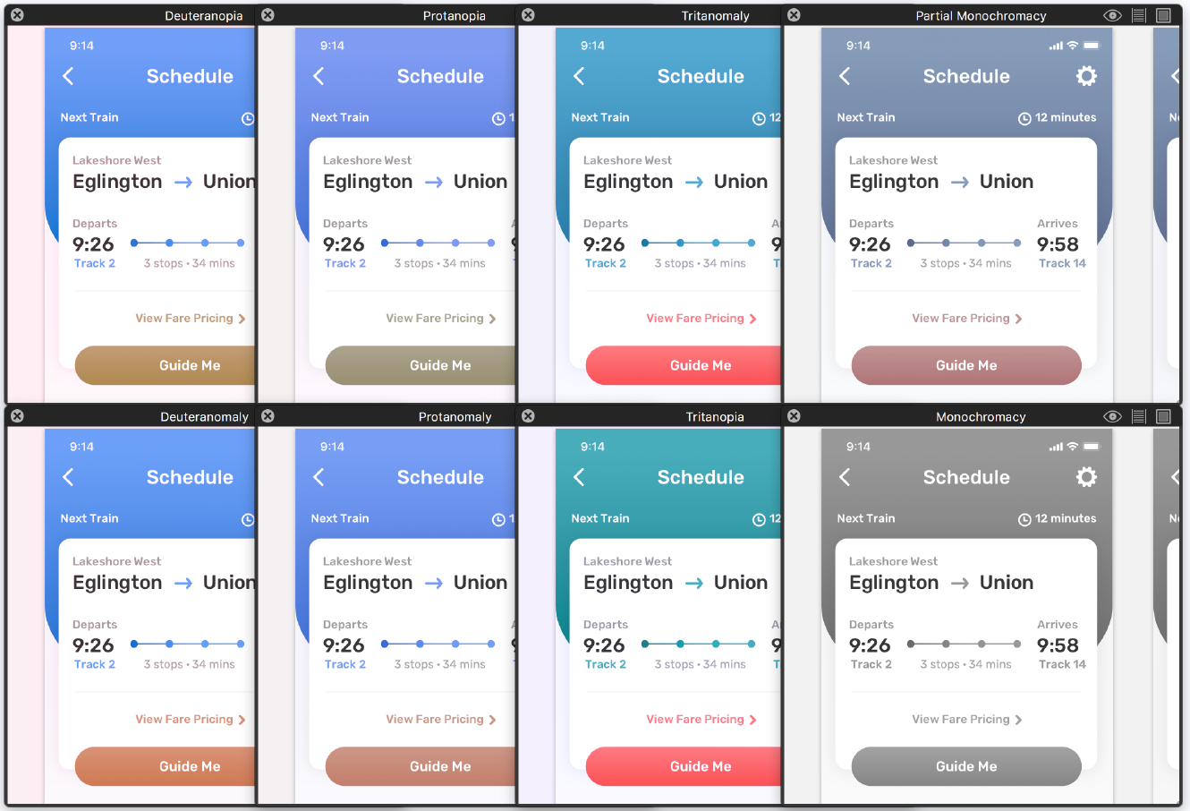 Above are different types of colour blindness, and how the app will be seen by those who have colour blindness.