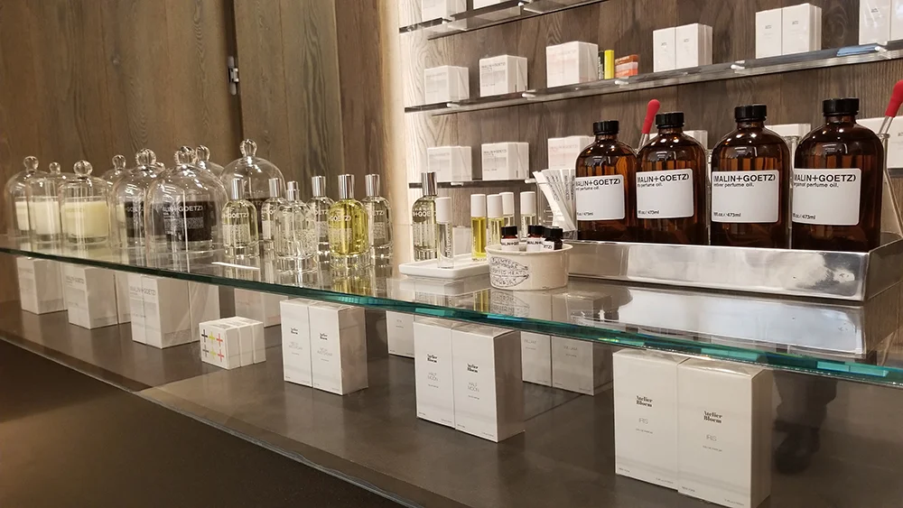 The fragrance and candle section of Malin & Goetz. 